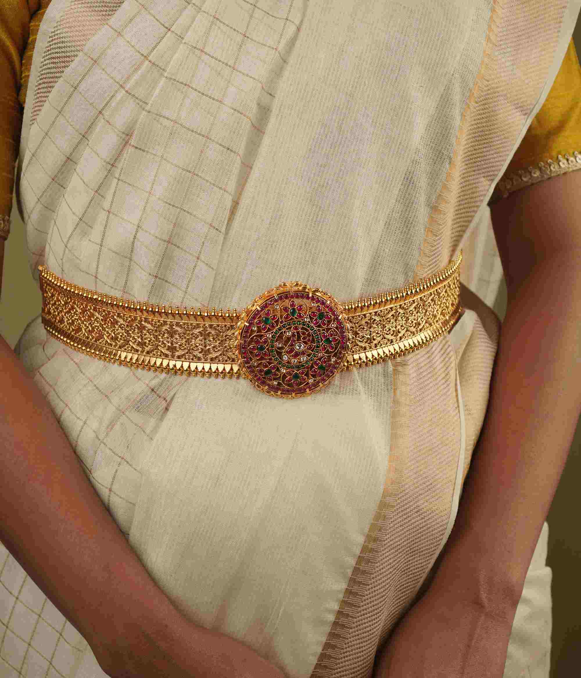 Bridal silver kamarbandh with red and green kundan stones