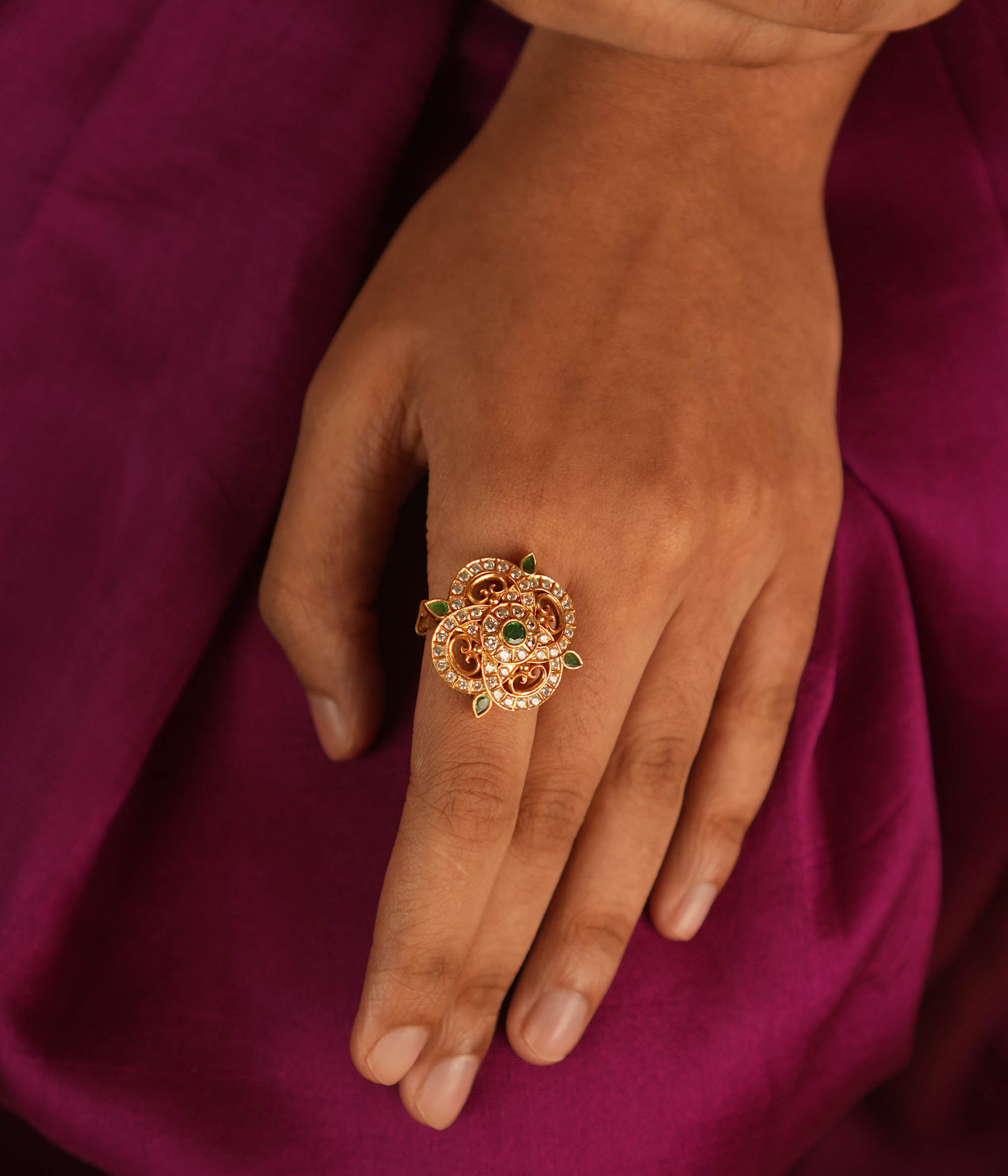 Adjustable silver ring with green spinel and CZ stones