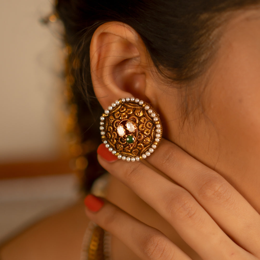 Aadhya handmade silver and gold-plated ear studs with Polki and pearls