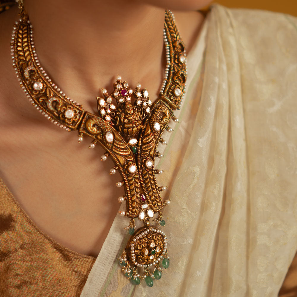 Aadhya handmade necklace in 92.5 silver with red and green Kundan stones and pearls