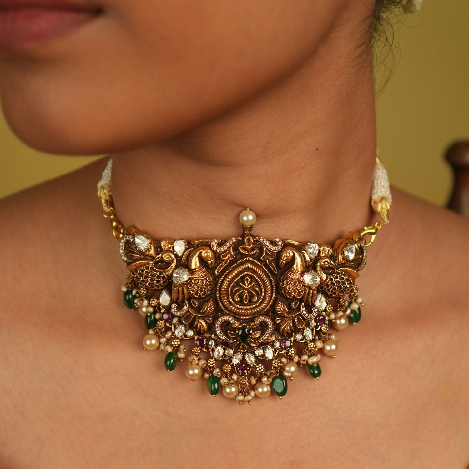 Aaghnya handmade silver necklace with green stones and Moissanite Polki