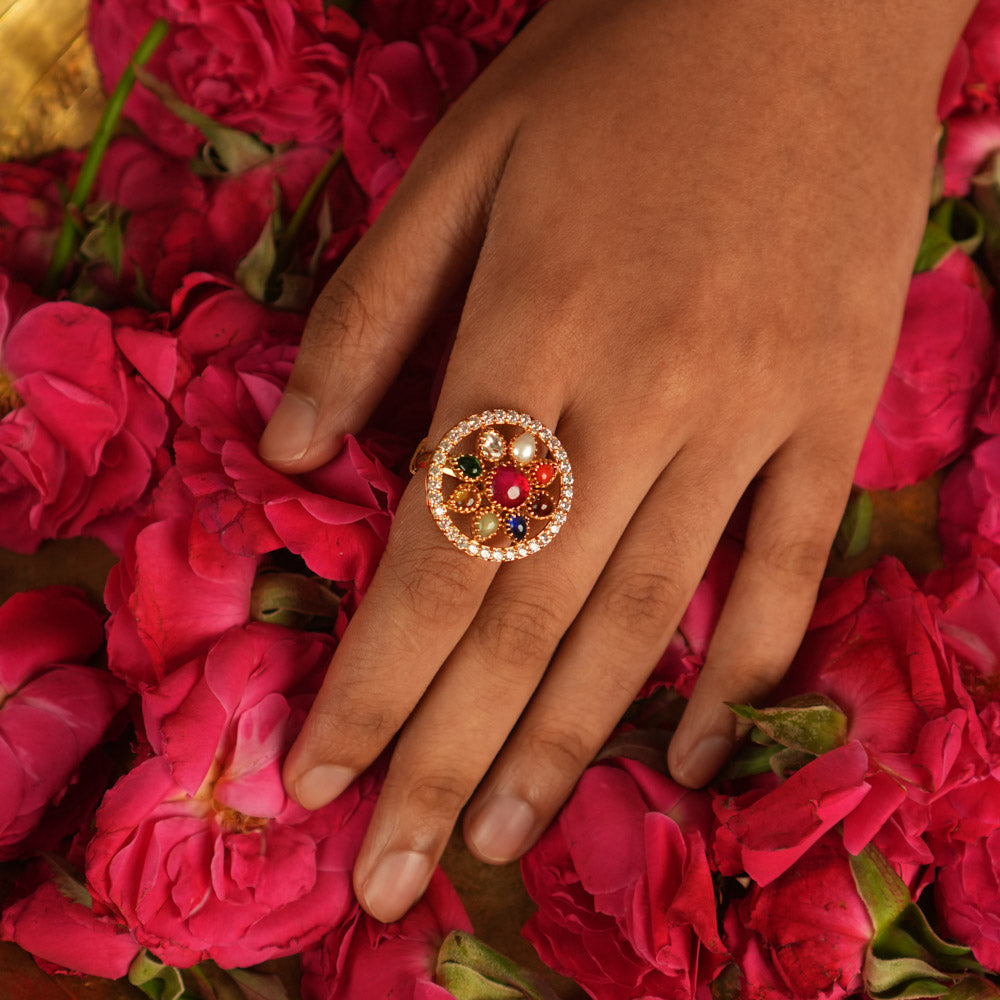 Aahalya Navratna ring in 92.5 silver with gold plating and CZ stones