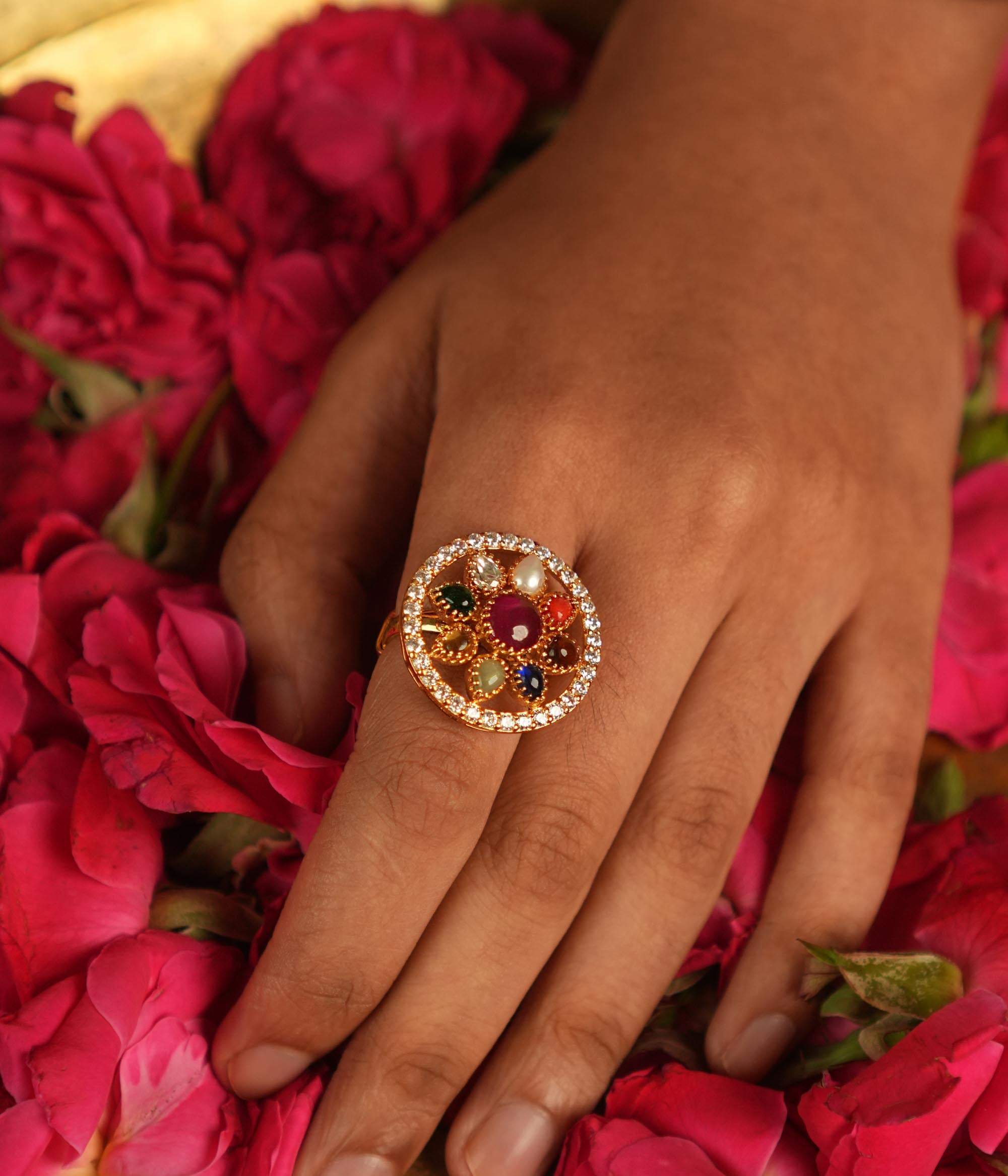 Handmade gold-plated ring with 9 stones – Navratna design for women