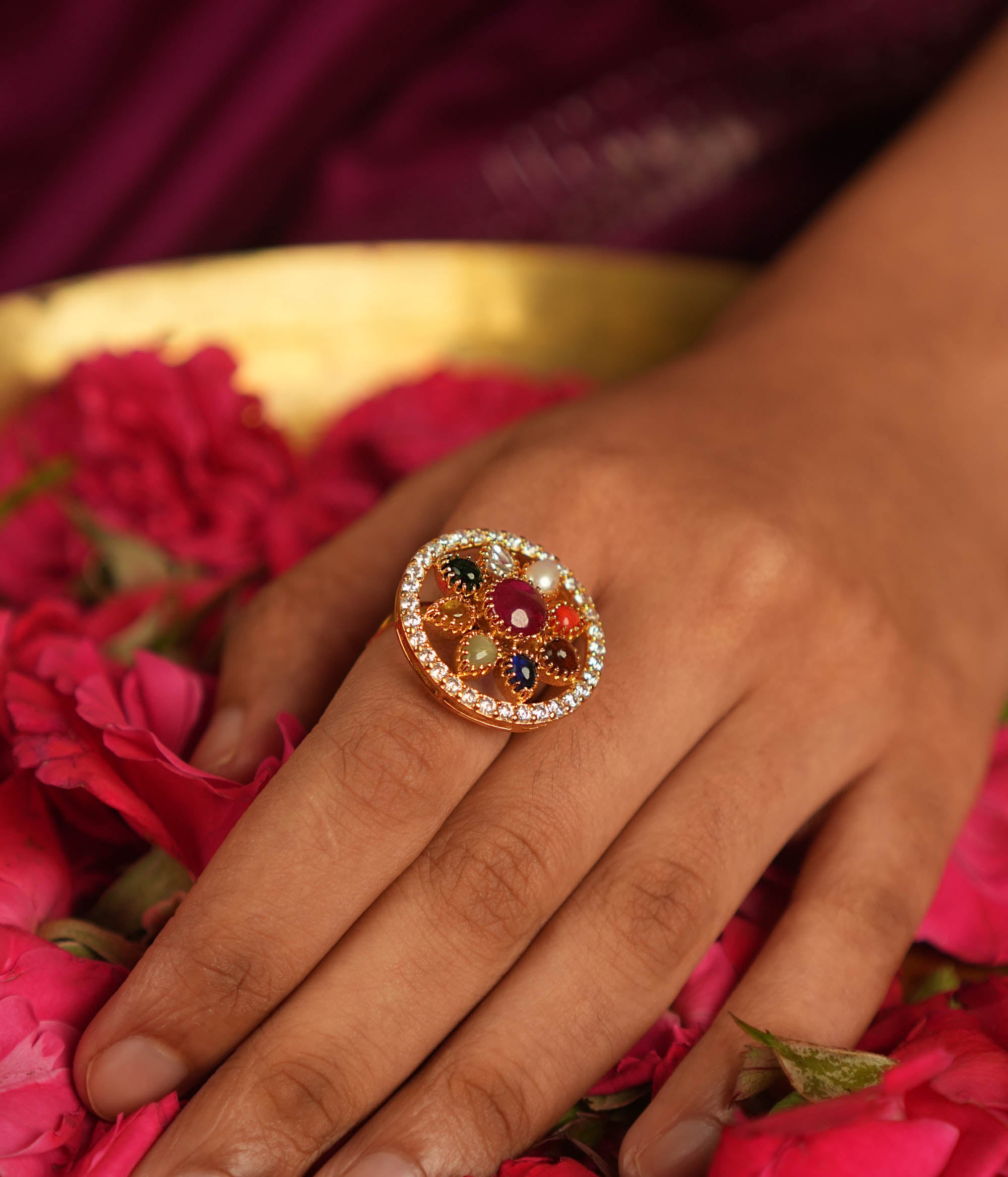 DivasMantra adjustable silver ring with Navratna gemstone setting