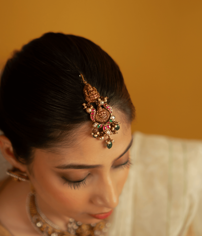 South Indian traditional maangtika with pearls and Kundan accents