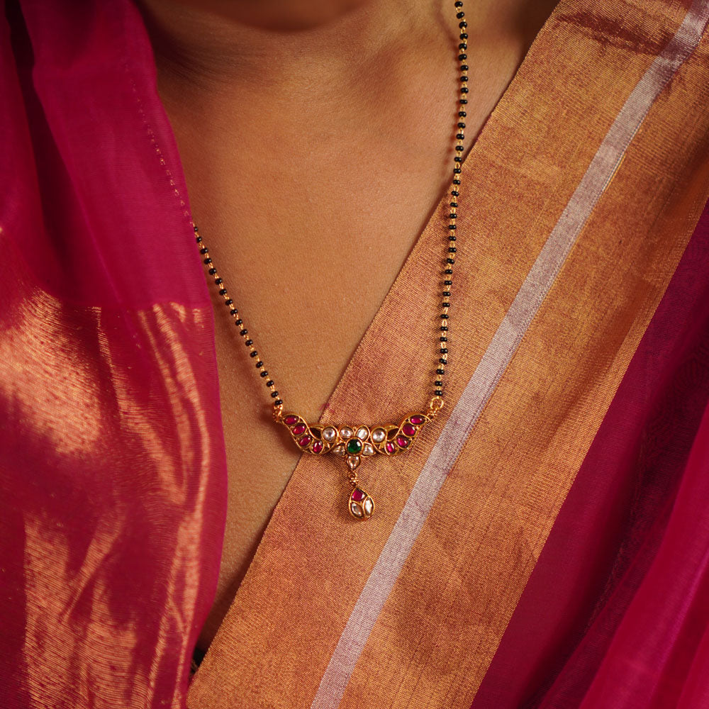 Aaheli Mangalsutra in 92.5 silver with red, white & green kundan stones