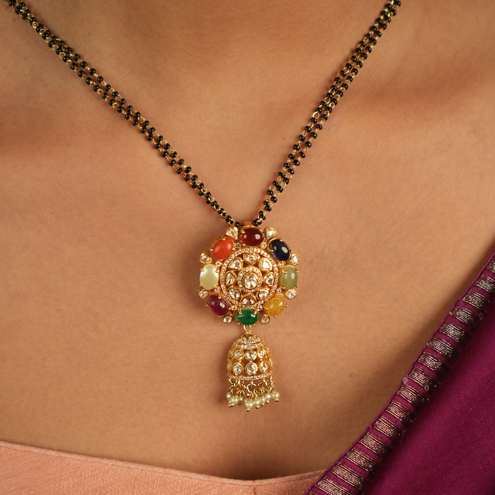 Aakriti Pendant with Navratna, Polki, CZ stones and pearls in silver