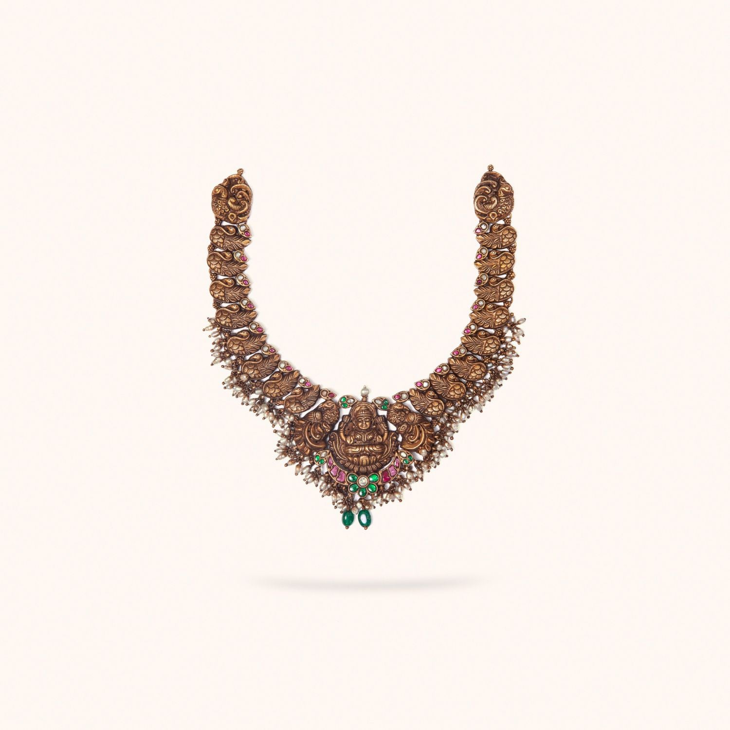 Aarna Grand Antique Lakshmi Long Necklace with Red and Green Kundan Stones – DivasMantra in Chennai