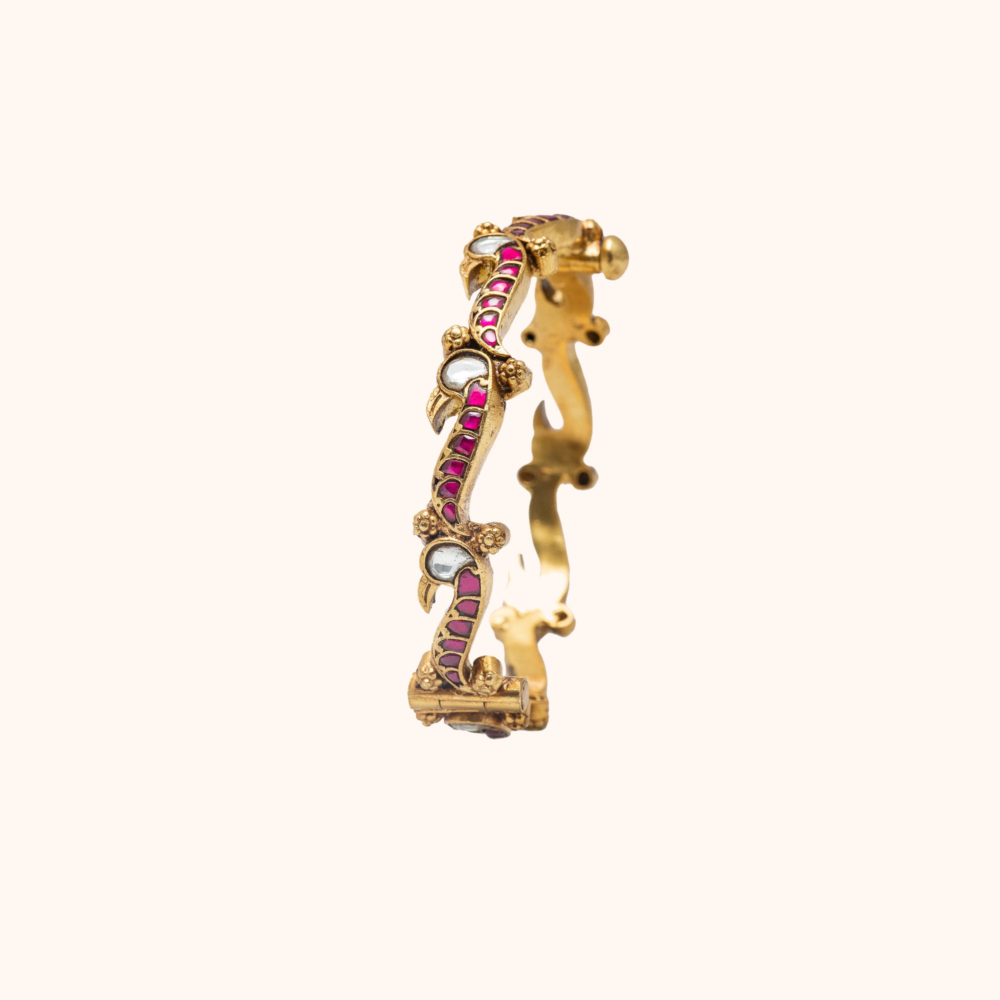 Aarna Peacock Inspired Kundan Bangle,Traditional 92.5 silver and gold-plated bangle with red kundan – DivasMantra handcrafted bangle in Chennai