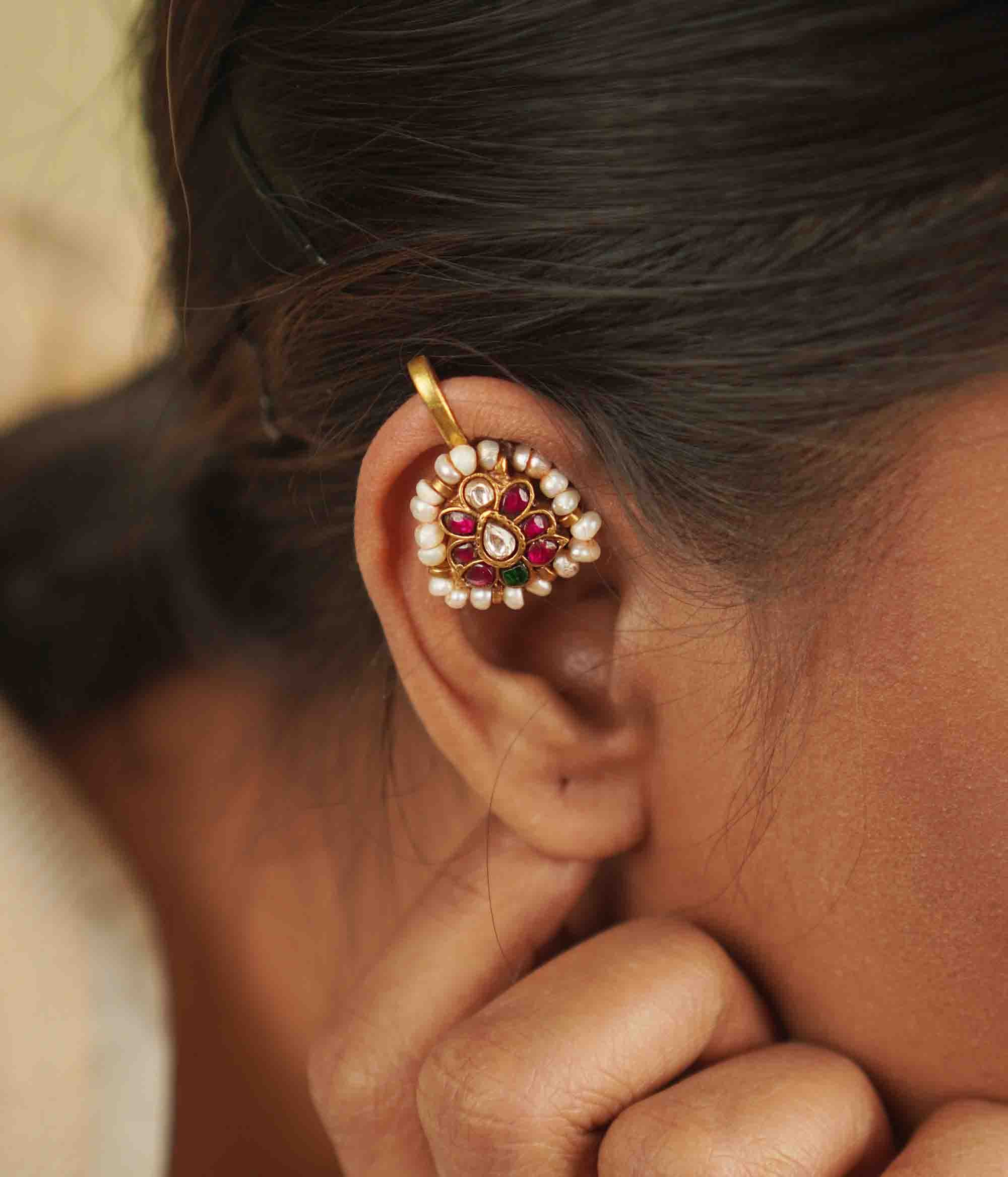 Handcrafted 92.5 silver bugadi earrings with antique gold finish and pearls – DivasMantra Chennai