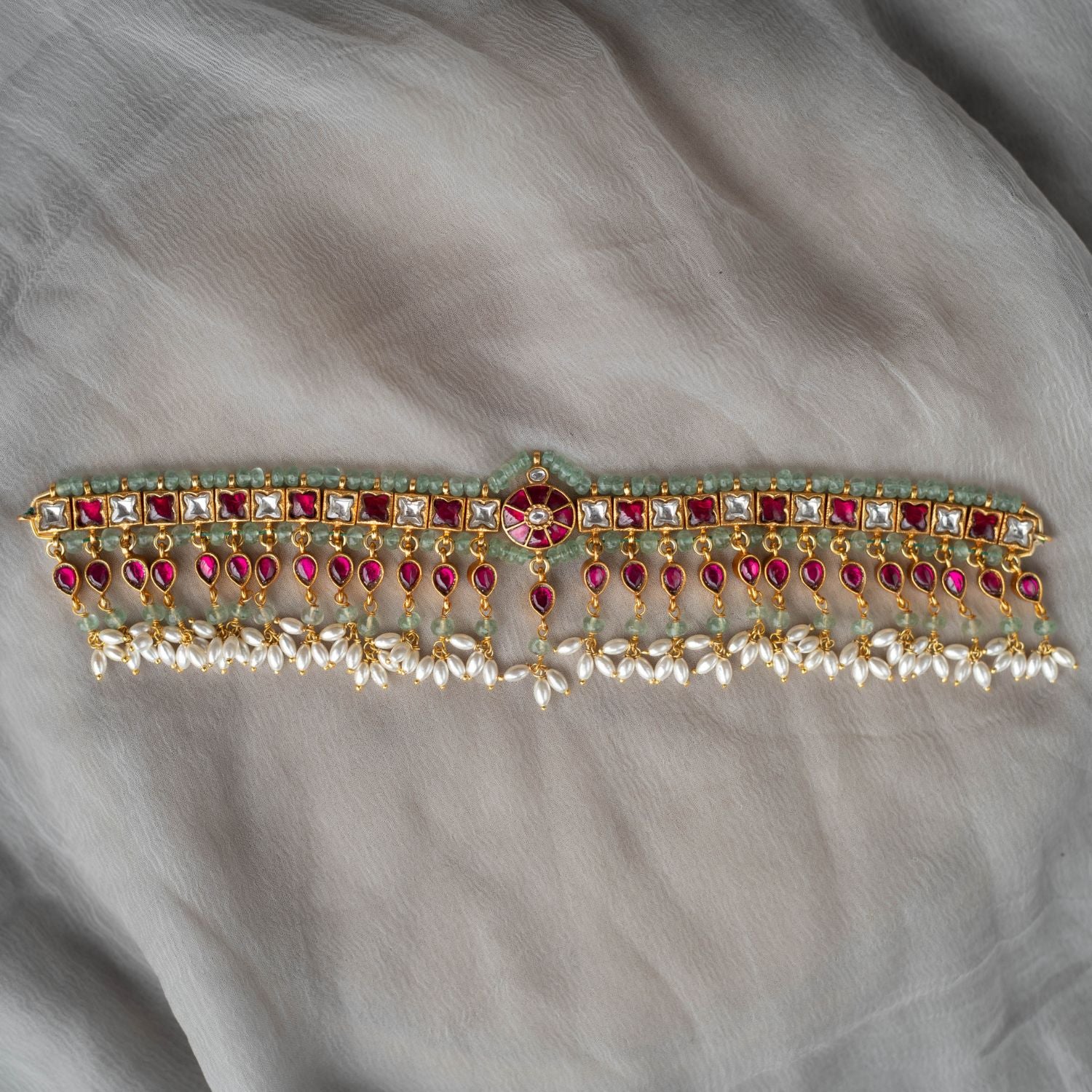 Aasmi Choker in 92.5 silver with red, white kundan stones, and pearls – DivasMantra handcrafted jewelry Chennai