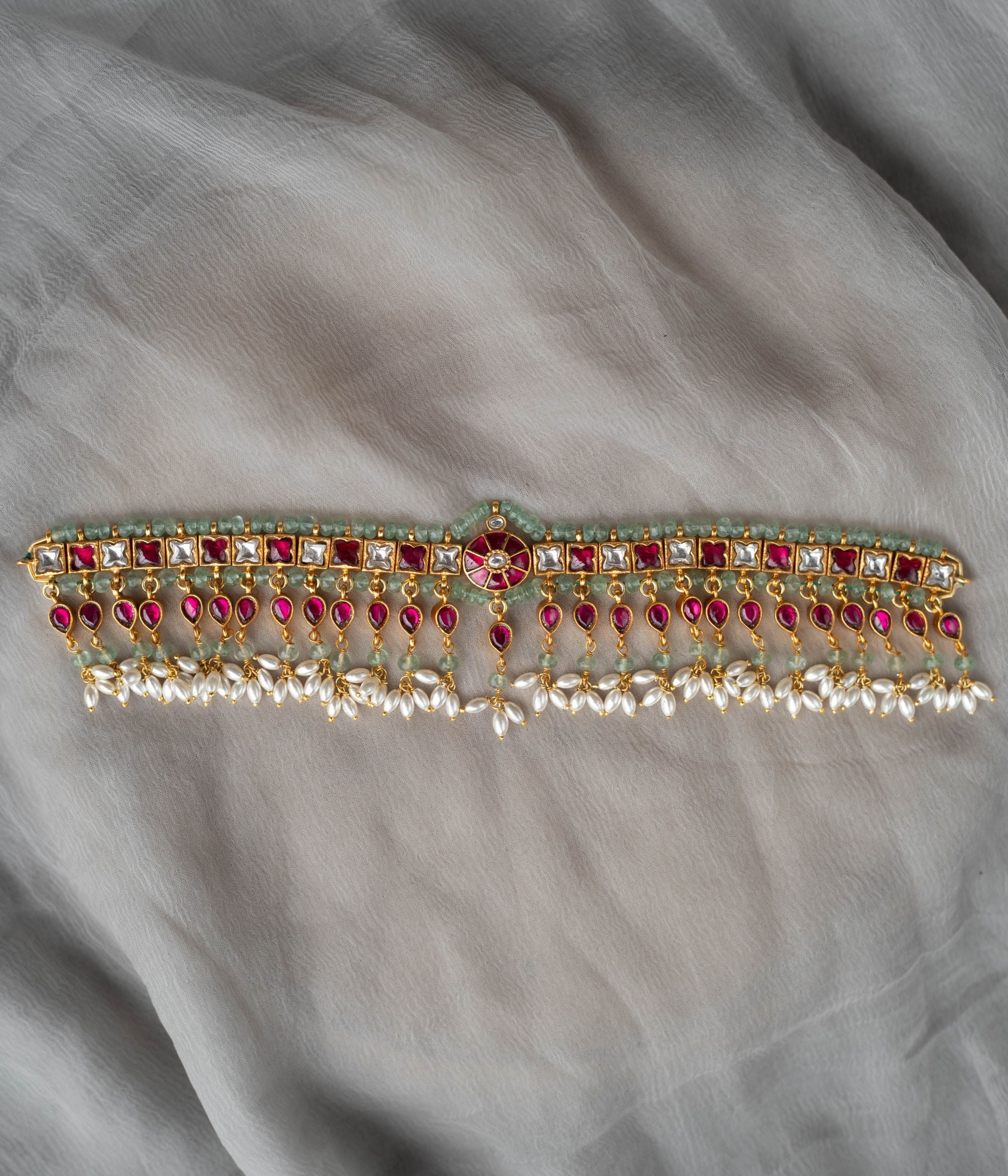 Traditional silver choker necklace with Kundan stones and pearls by DivasMantra Chennai