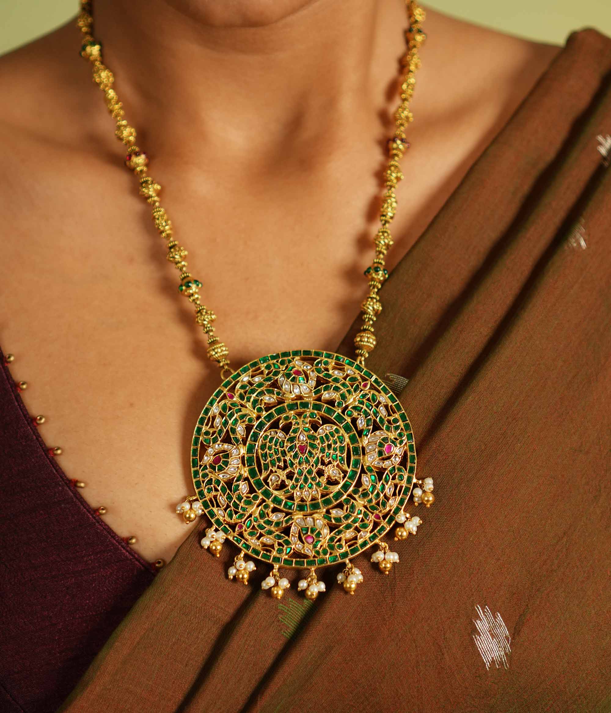 Traditional silver pendant with red & white Kundan stones and pearls – handmade by DivasMantra