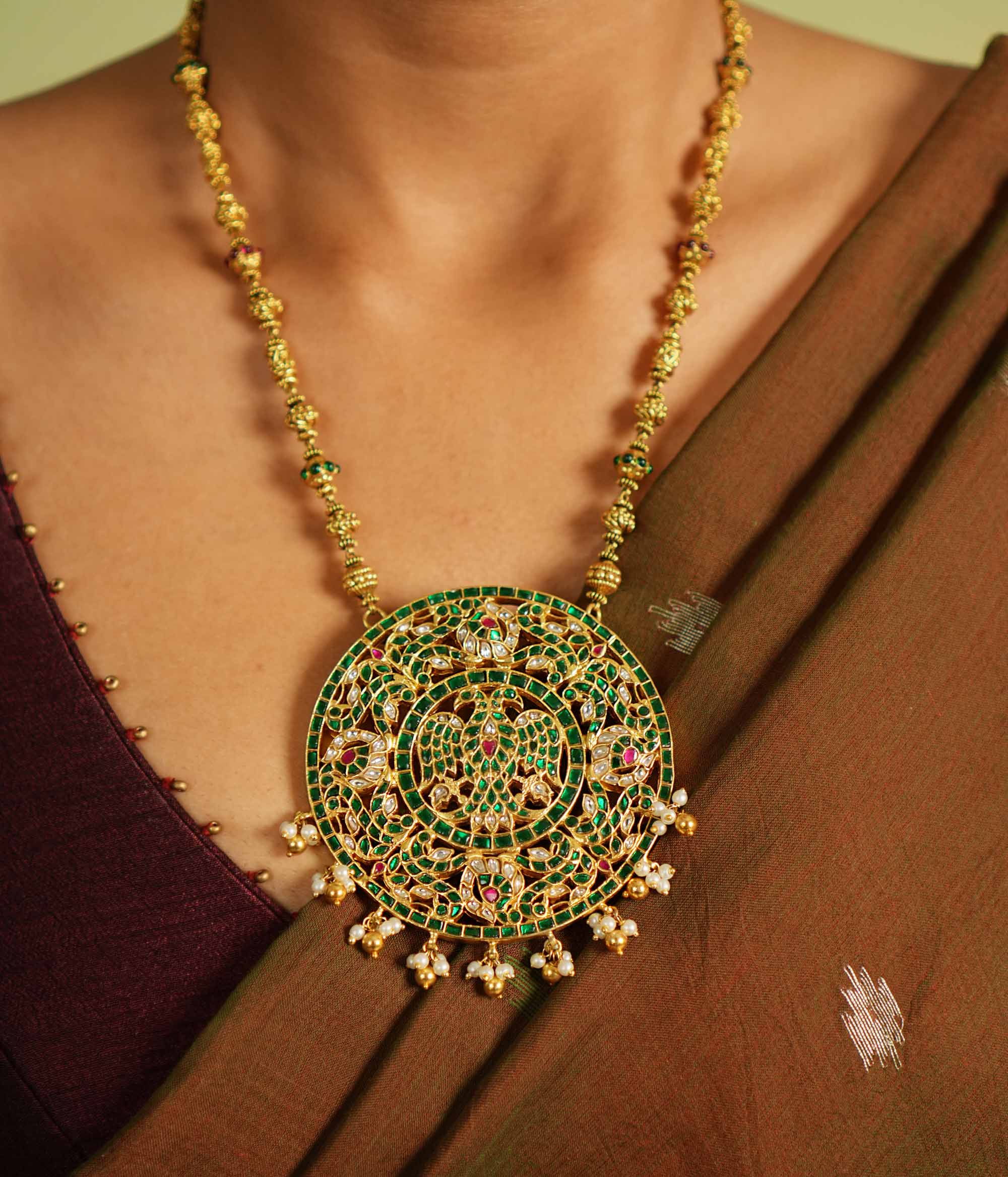 Elegant handmade silver pendant with red & white Kundan stones and pearls by DivasMantra