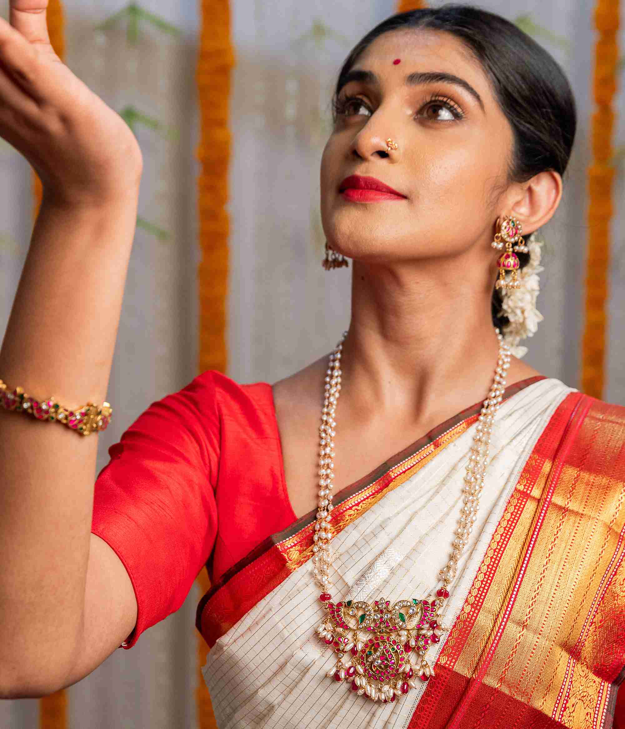 Handmade silver necklace with red and green kundan stones Chennai