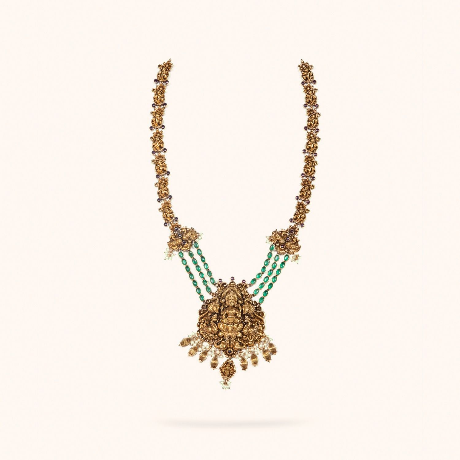 Handmade silver temple necklace with green spinel stones Chennai