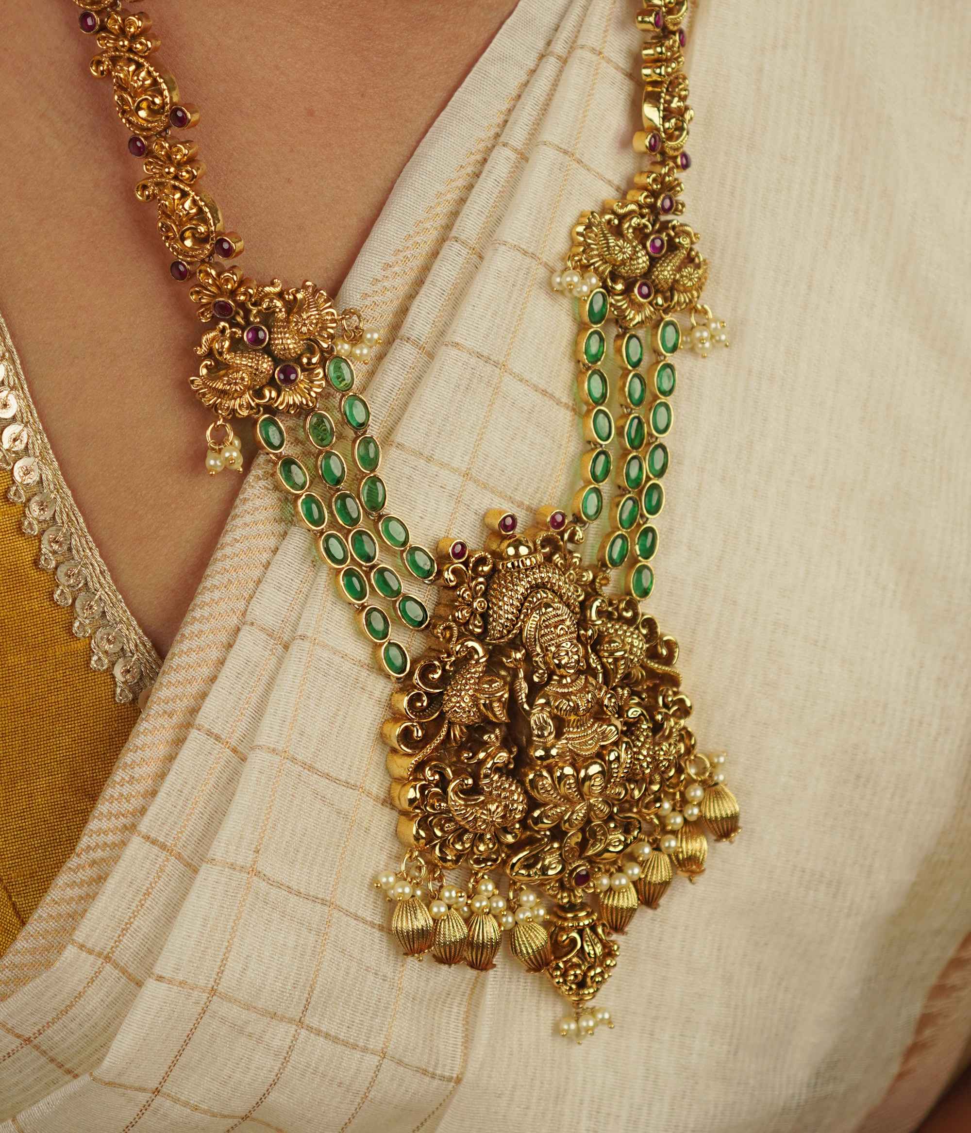 Aiste Lakshmi Green Stone Long Necklace – Handcrafted Silver Temple Necklace with Spinel Stones and Pearls in Chennai