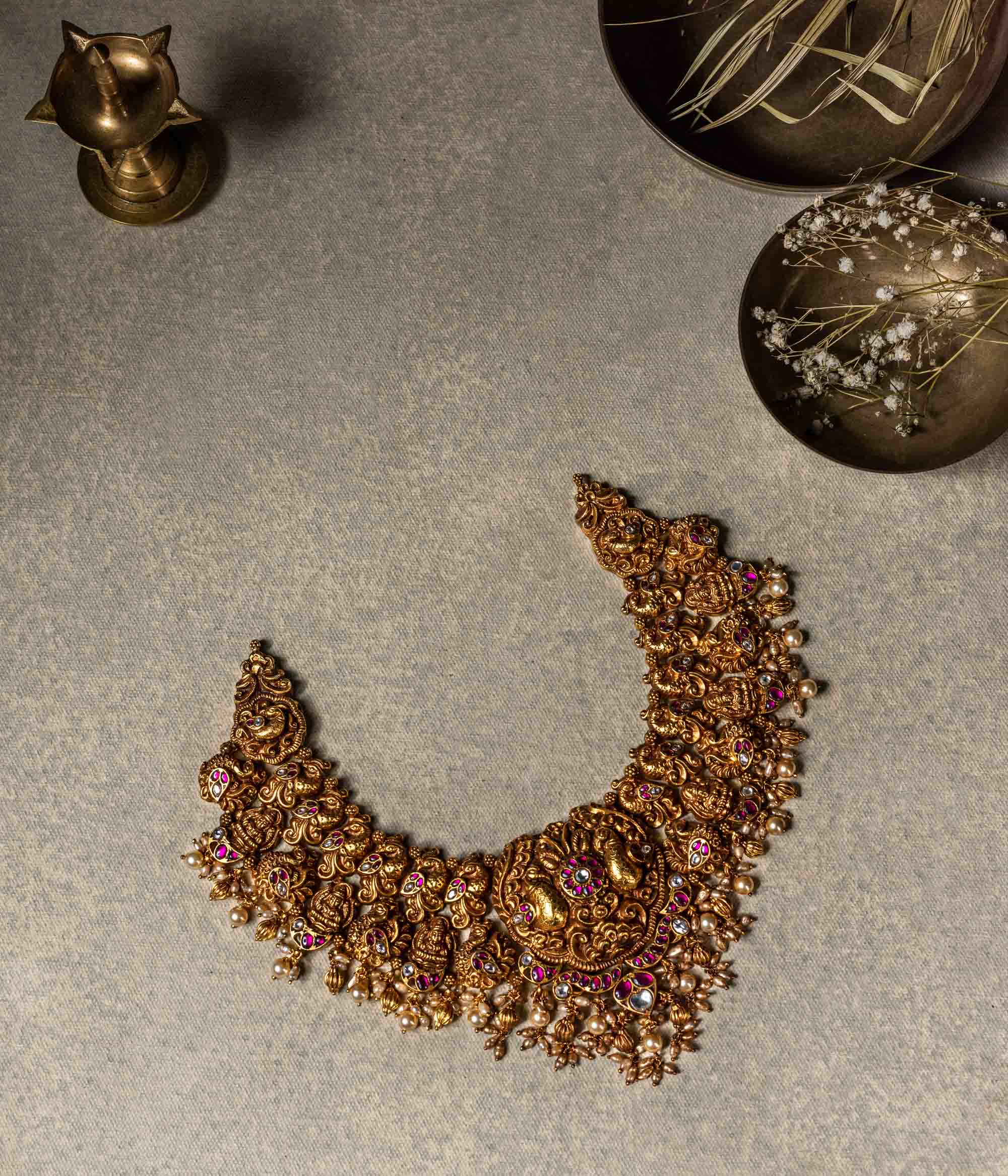 Silver necklace, Handmade silver necklace, Akshita Silver Necklace with Red & White Kundan Stones and Pearls in Chennai