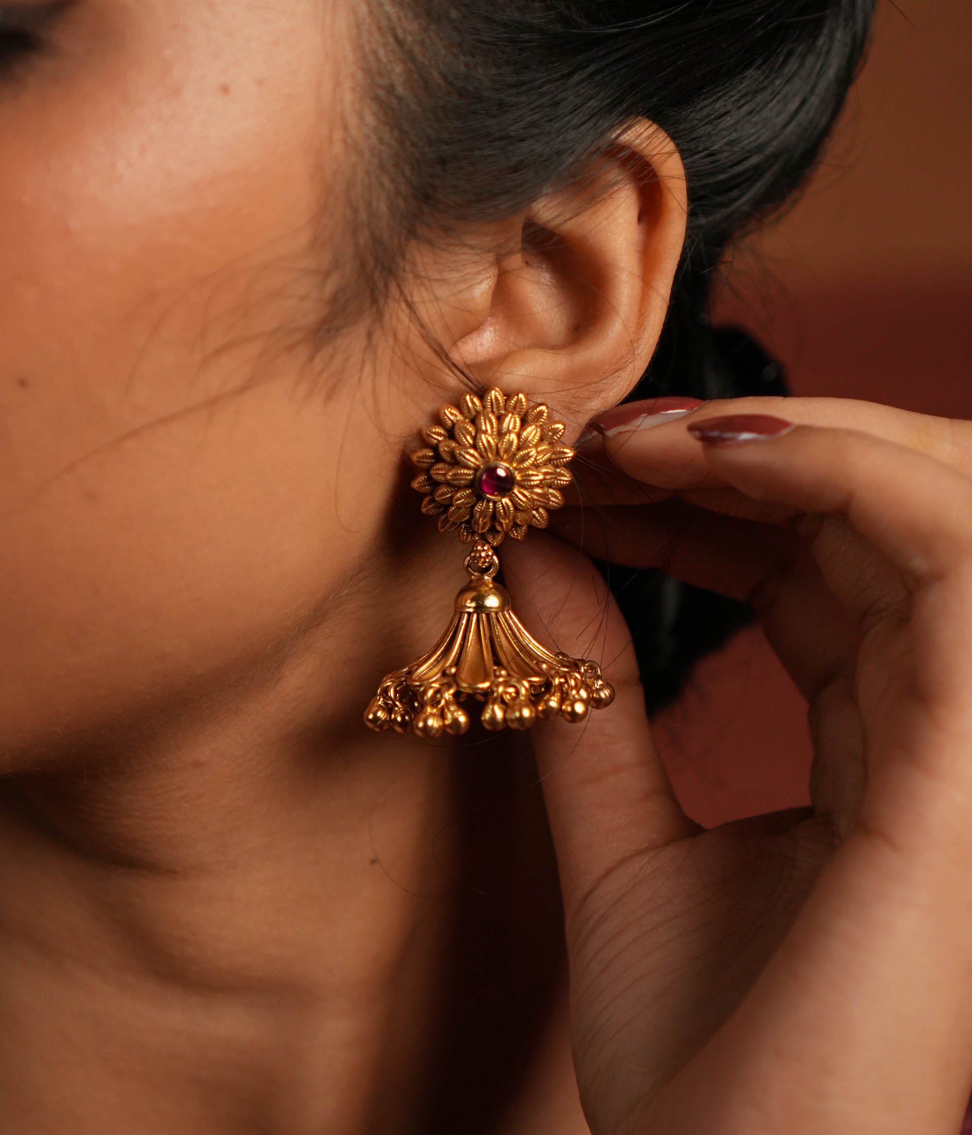Elegant silver red spinel earrings, handcrafted in Chennai