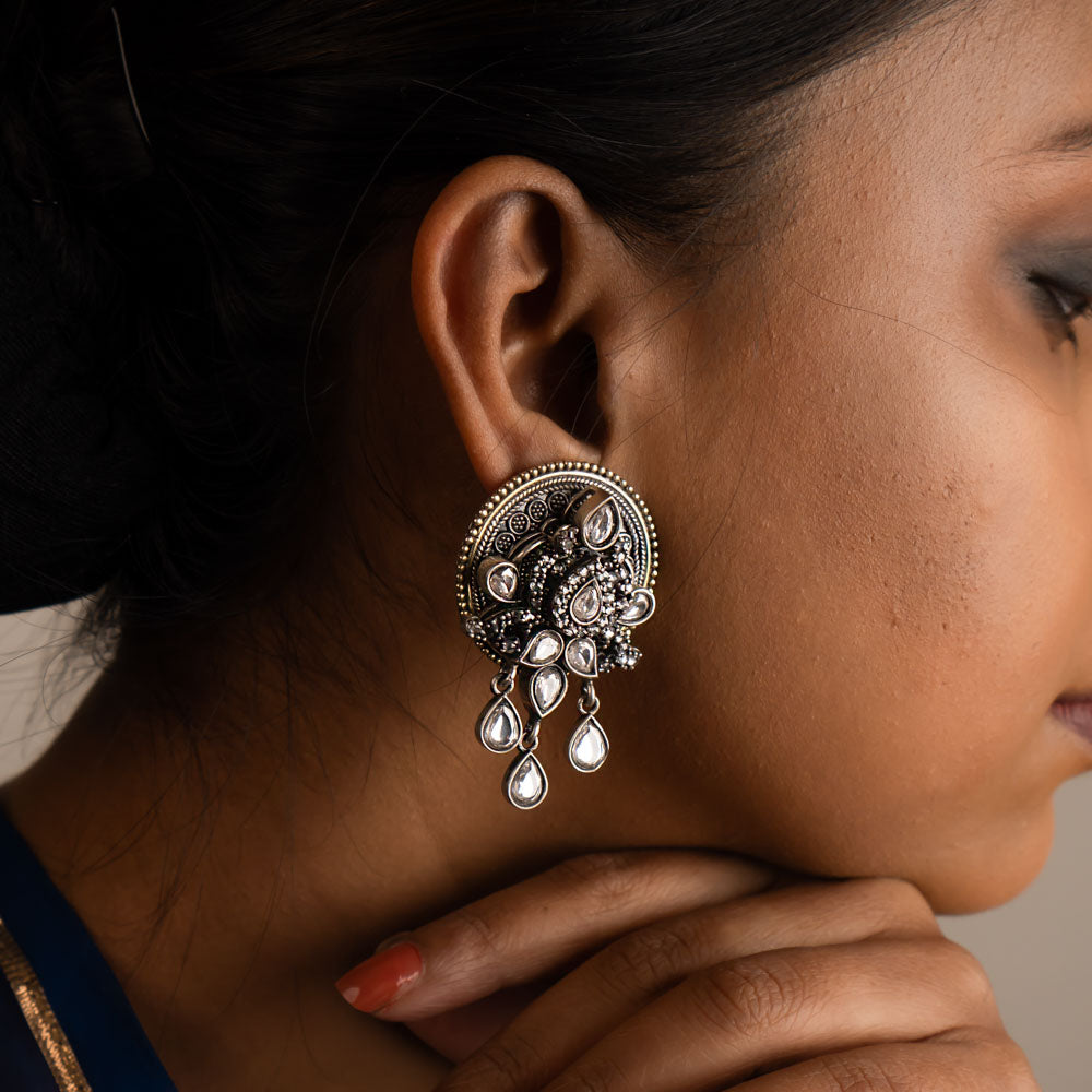 Handcrafted Amaltas silver kundan earrings online Chennai,Traditional silver earrings with white kundan stones