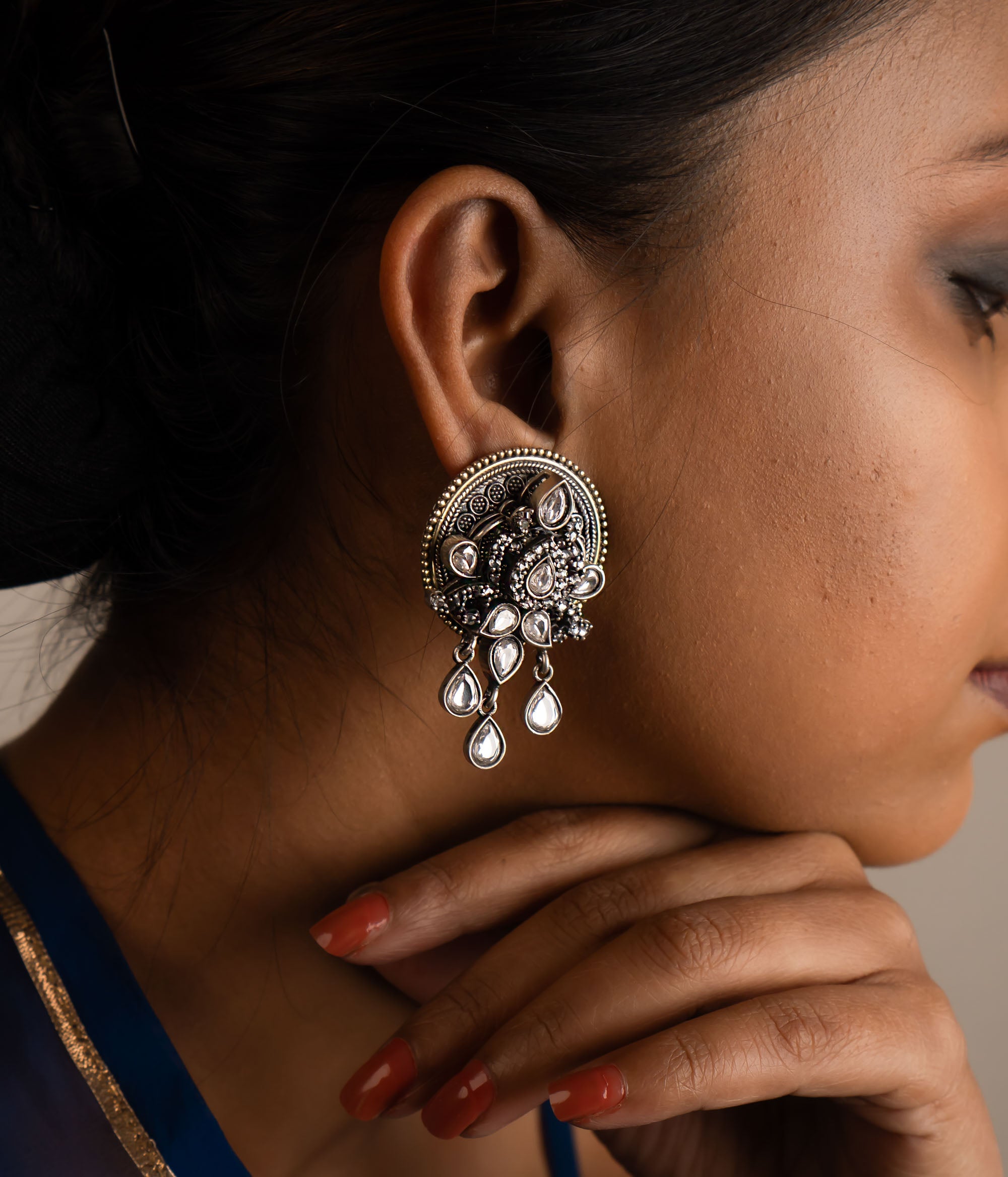 Handcrafted Amaltas silver kundan earrings online Chennai