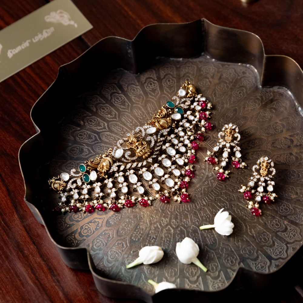 Amba Victorian Necklace,Traditional dark antique gold plated silver choker Chennai,Handmade Amba Victorian choker necklace with antique gold finish