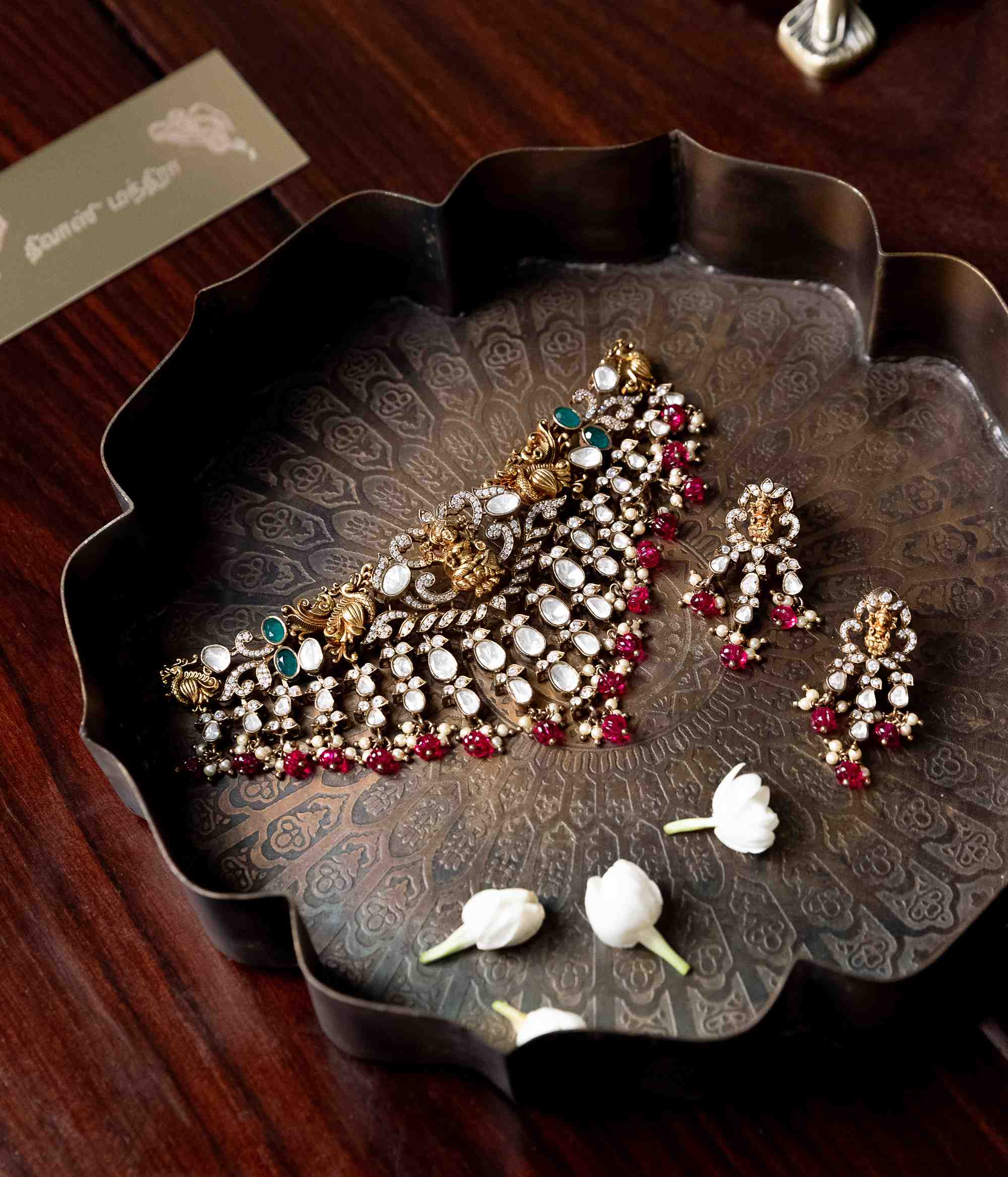 Bridal silver necklace with CZ, Polki, green stones and red beads,CZ stone necklace handmade Chennai