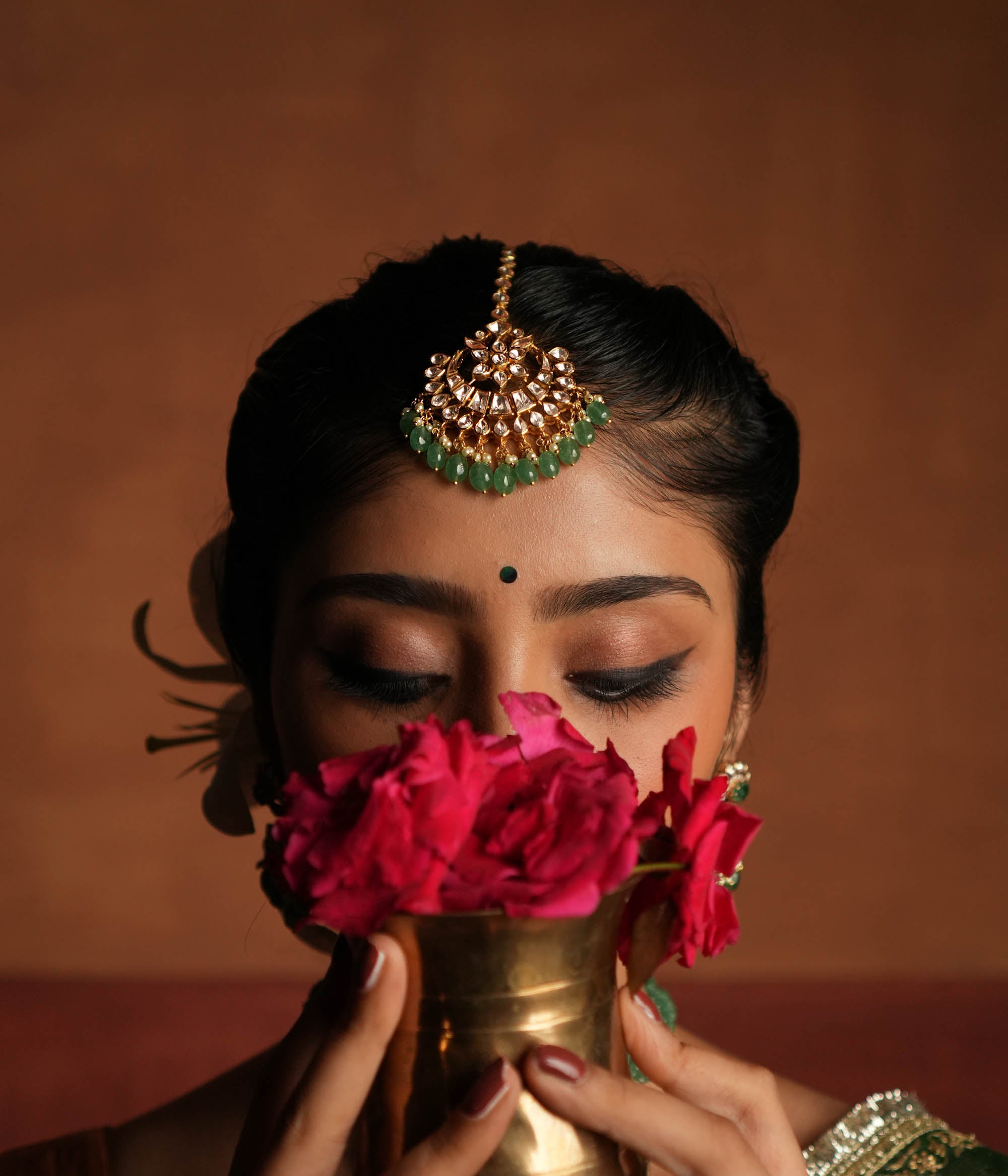 Amelia maangtika in silver and 22ct gold from Chennai,Traditional bridal maangtika with green beads and CZ