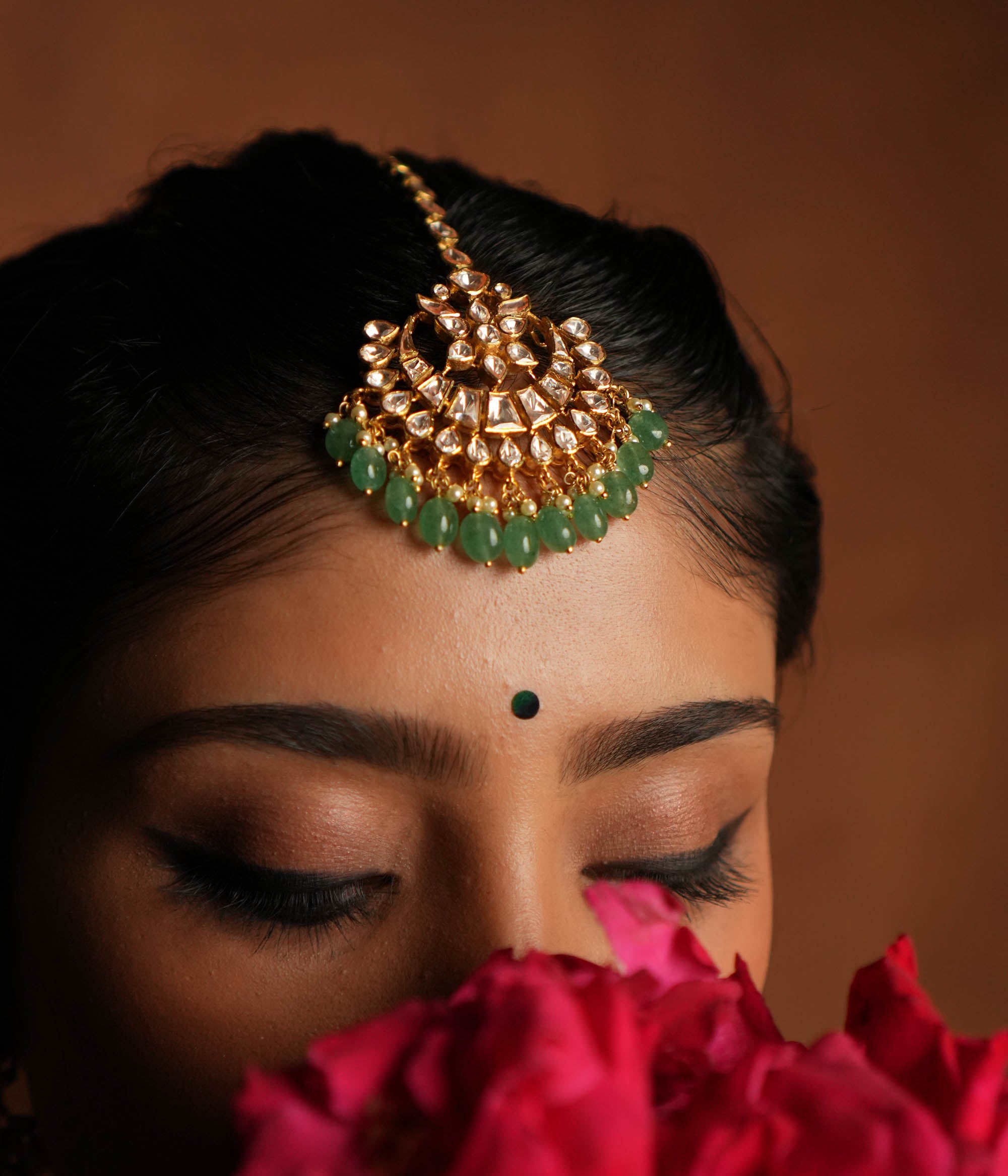 Polki and pearl forehead jewelry for weddings,Traditional bridal maangtika with green beads and CZ