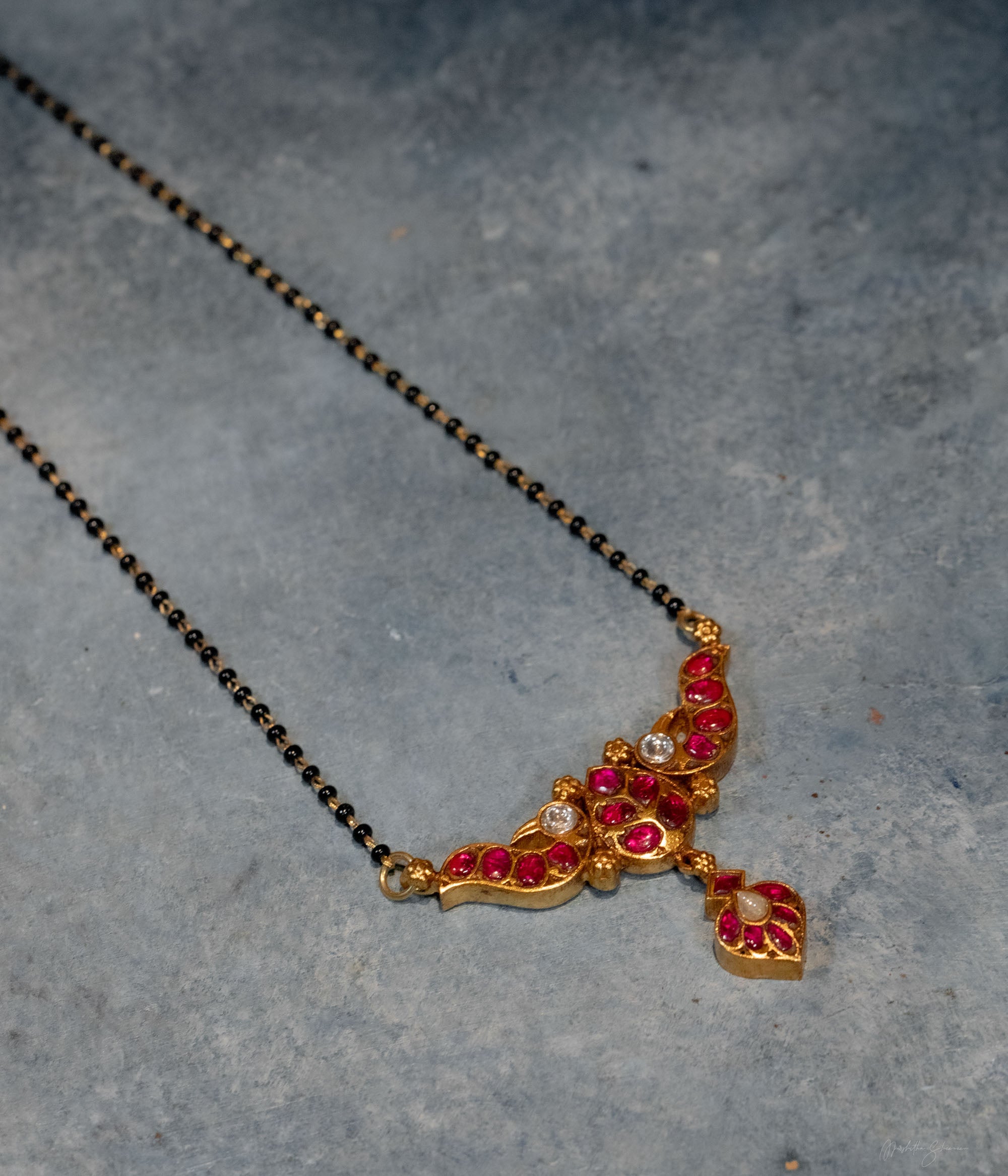 Amrutha Kundan Mangalsutra,Handmade 92.5 sterling silver mangalsutra with black beads chain