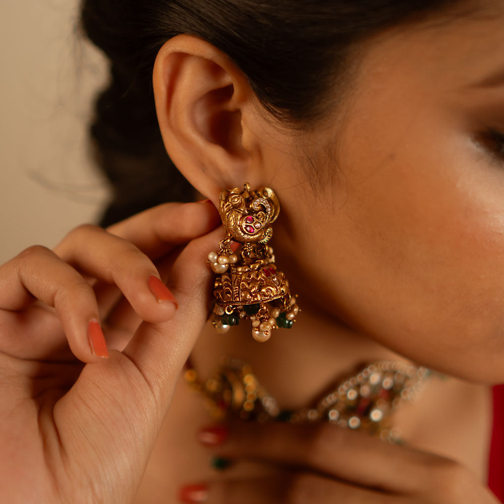 92.5 Sterling Silver Anaisha jhumka Gold Plated,Anaisha Jhumka antique gold plated silver earrings with kundan stones