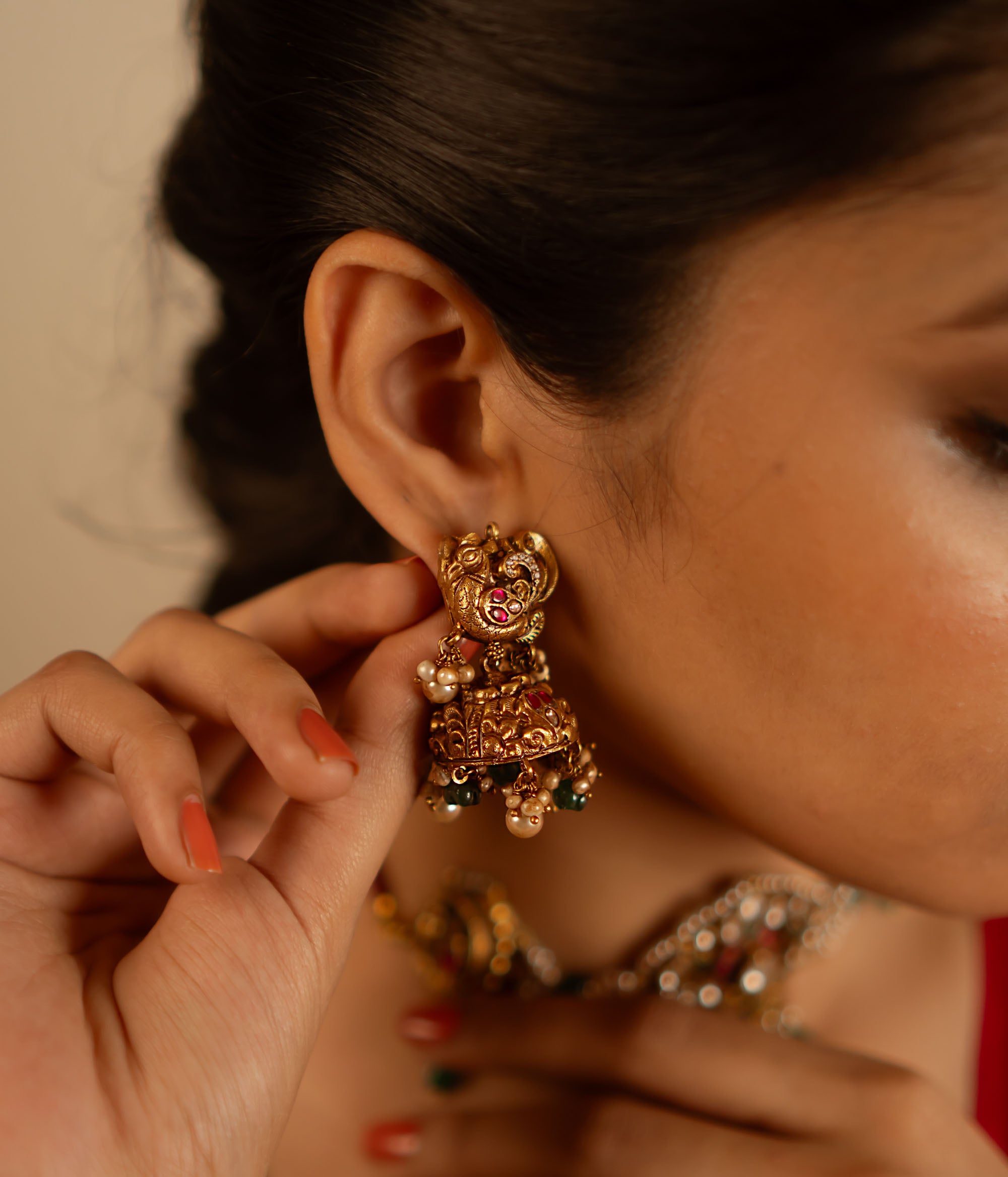 Handmade ethnic silver jhumkas with pearls and green beads