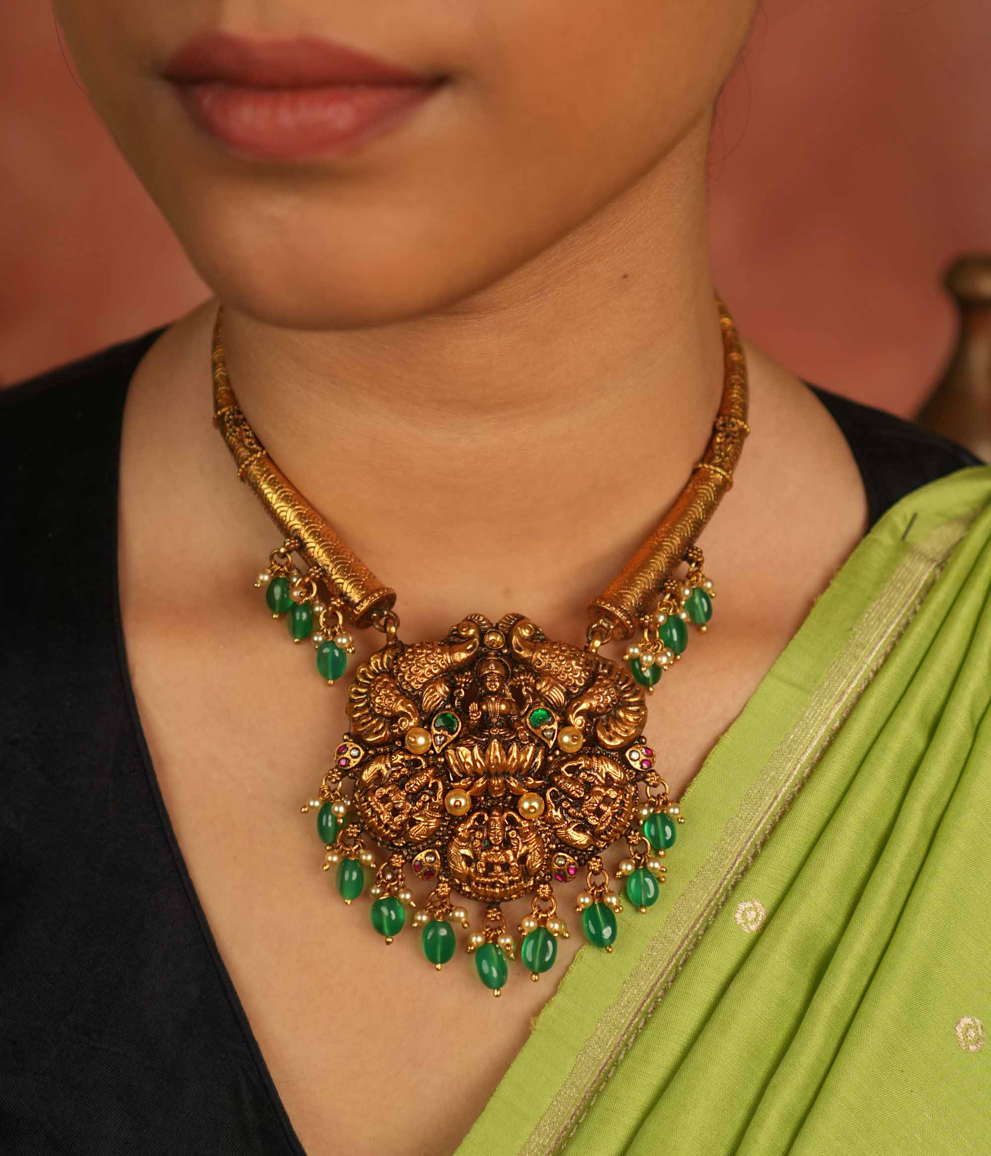 DivasMantra silver necklace with pearls and green beads