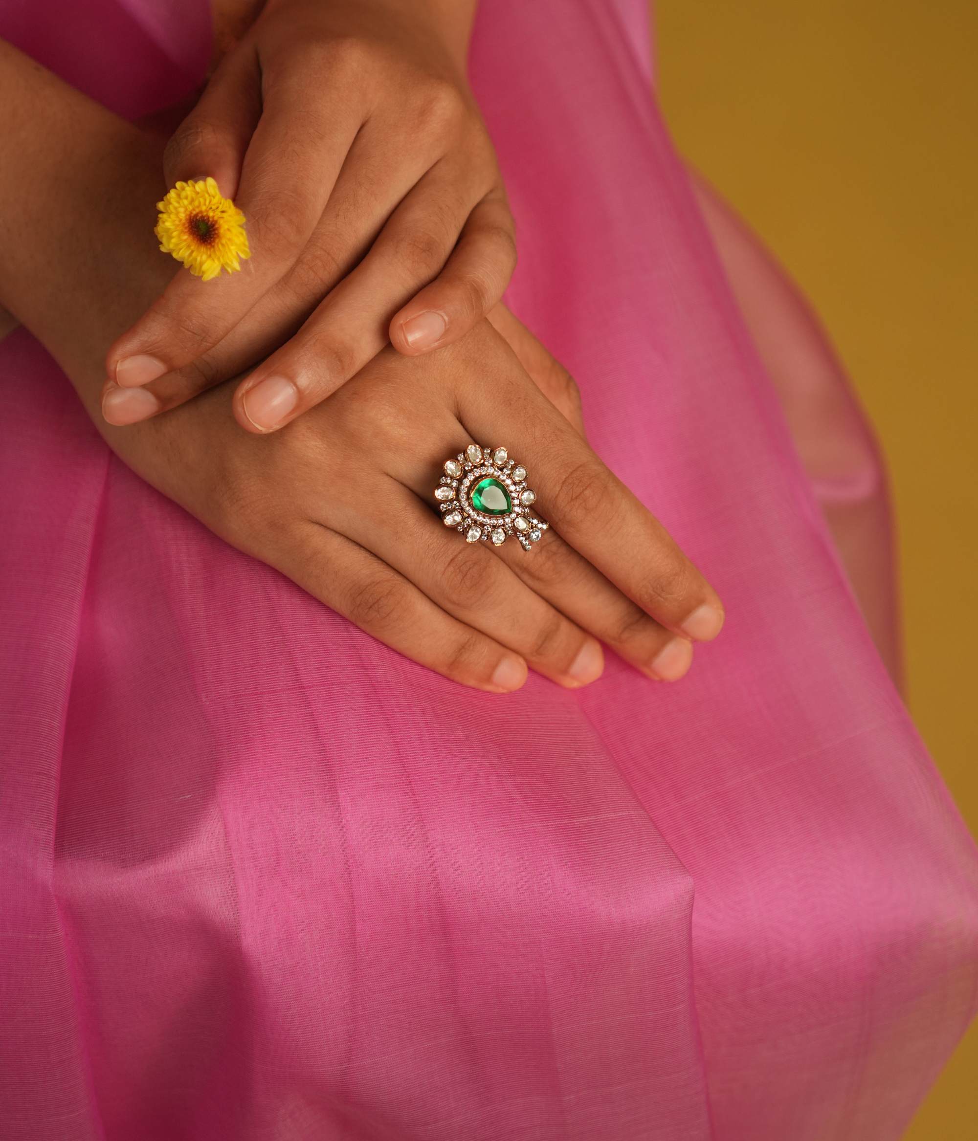 Adjustable antique gold Polki ring for women,Silver Polki ring handcrafted in Chennai