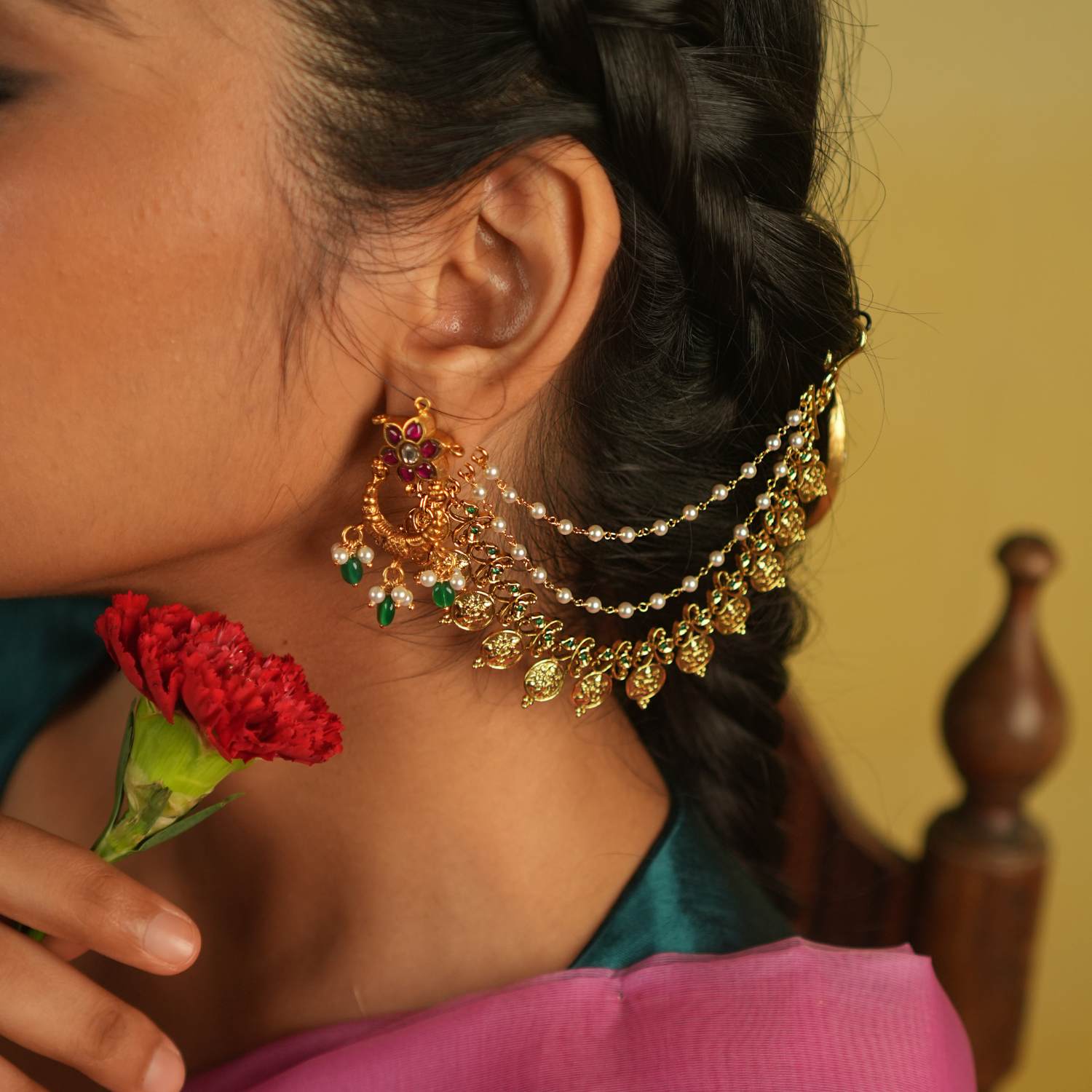 Anghari handmade silver earchain earrings with green spinel