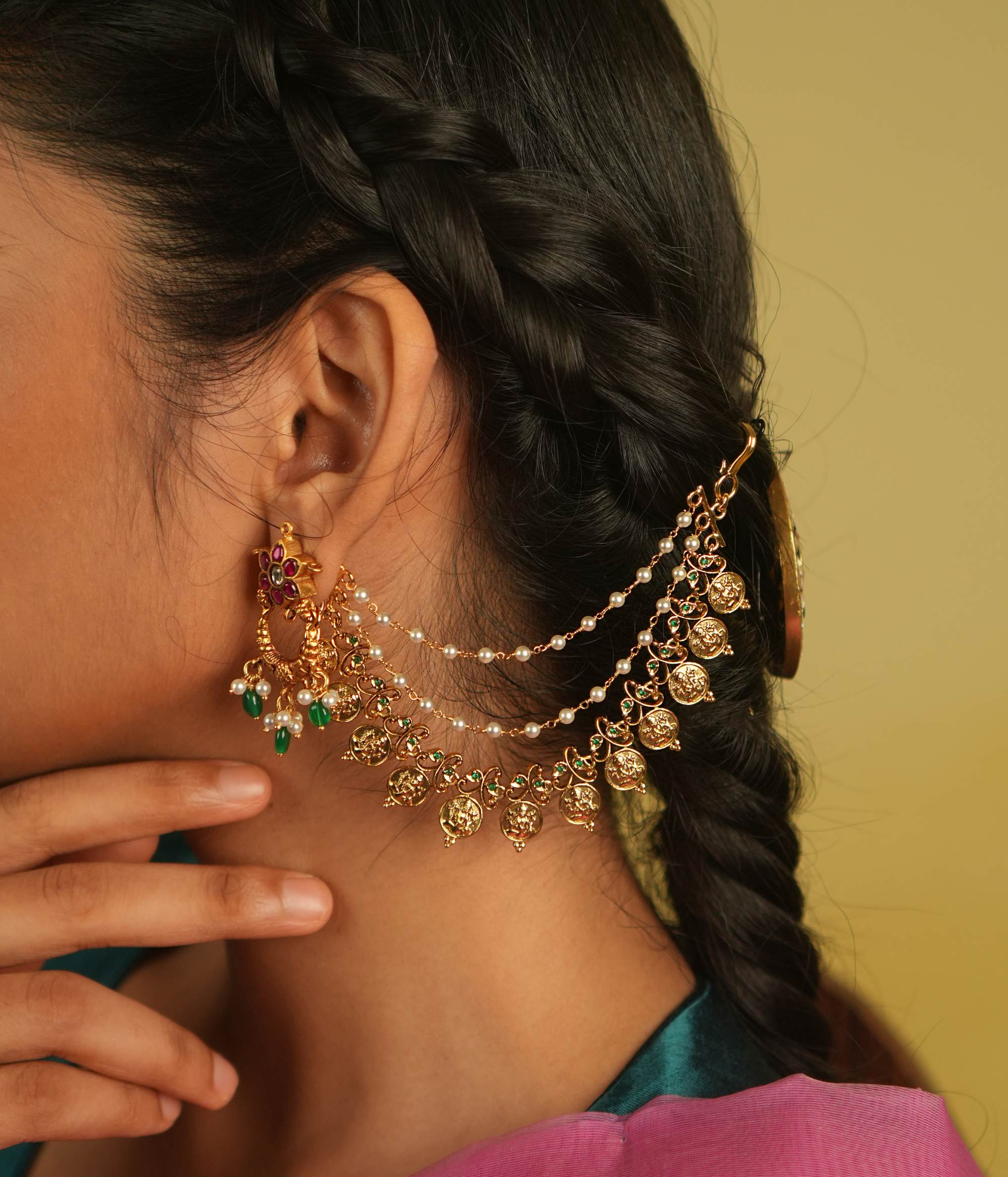Silver and gold-plated temple earchain jewelry Chennai