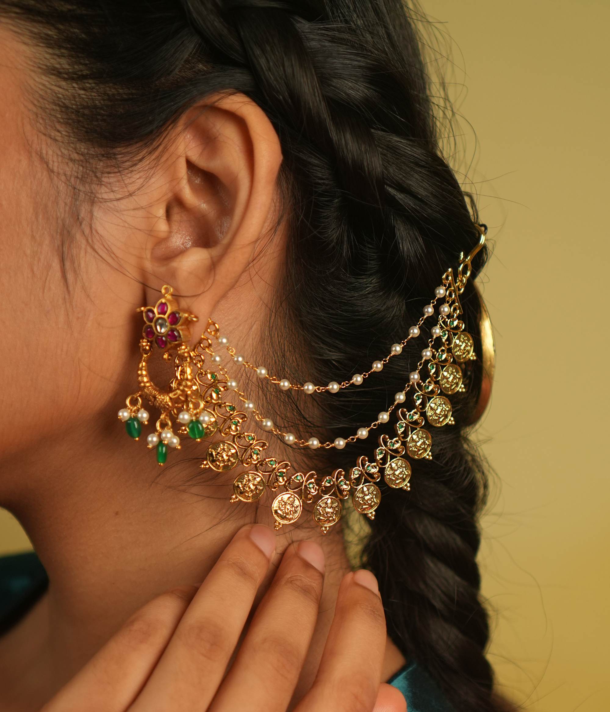 Anghari Earchain,DivasMantra gold-plated earchain in 92.5 sterling silver