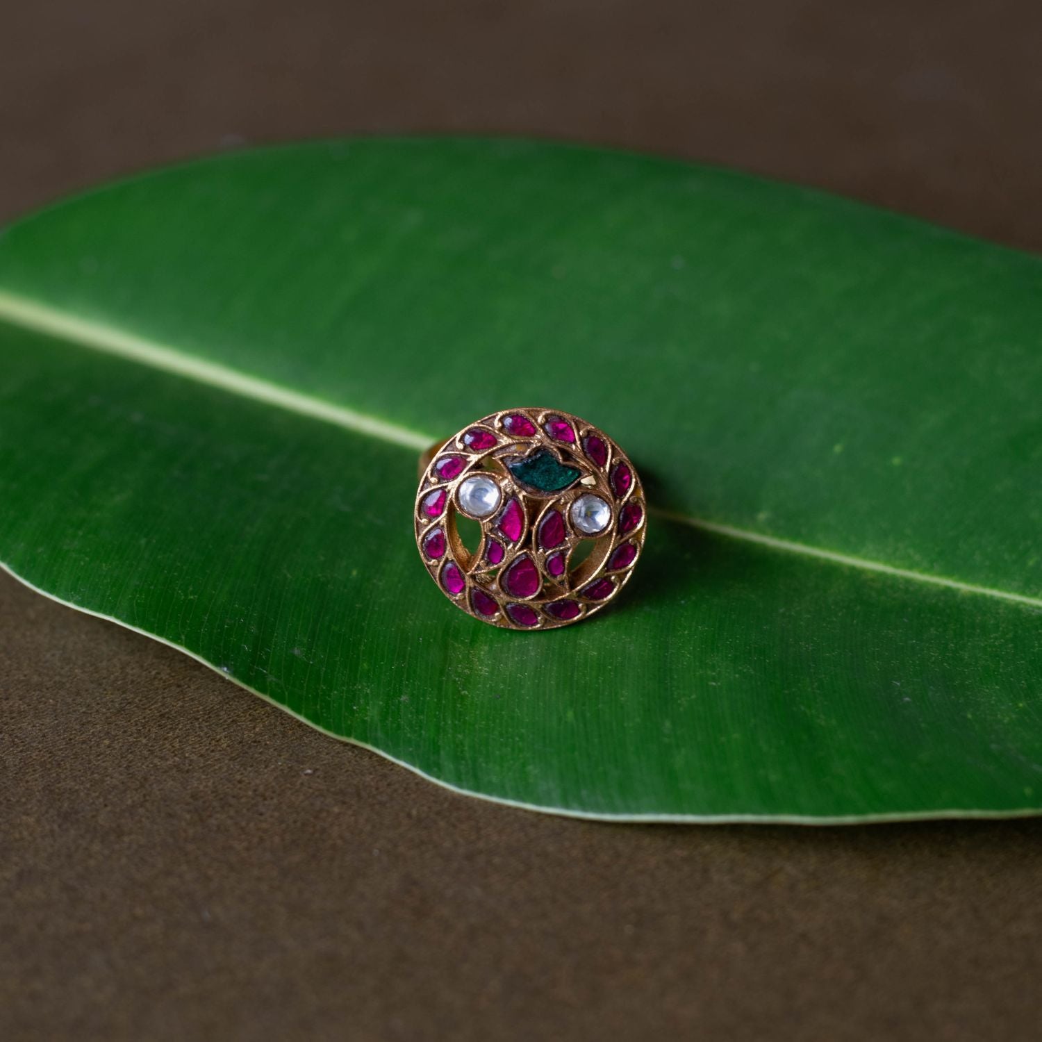Handmade Anjali Ring with white, green, and red Kundan stones Chennai