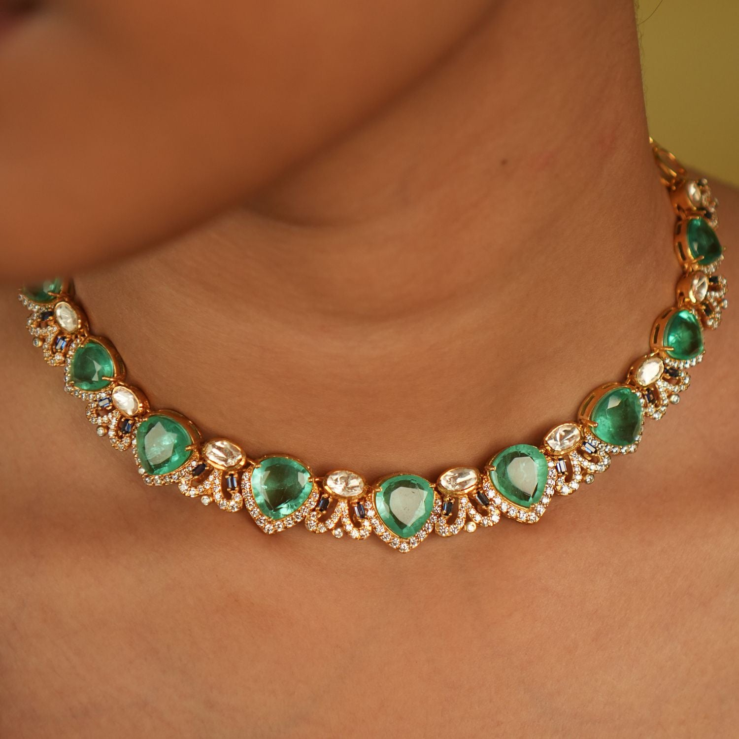 Anjasi Necklace,Handmade silver polki necklace with emerald,92.5 sterling silver bridal necklace for women