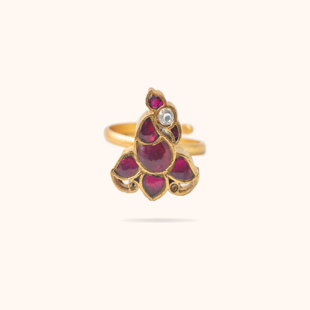 Annam Ring,Adjustable silver ring with red and white Kundan stones,Handmade 92.5 silver ring for women