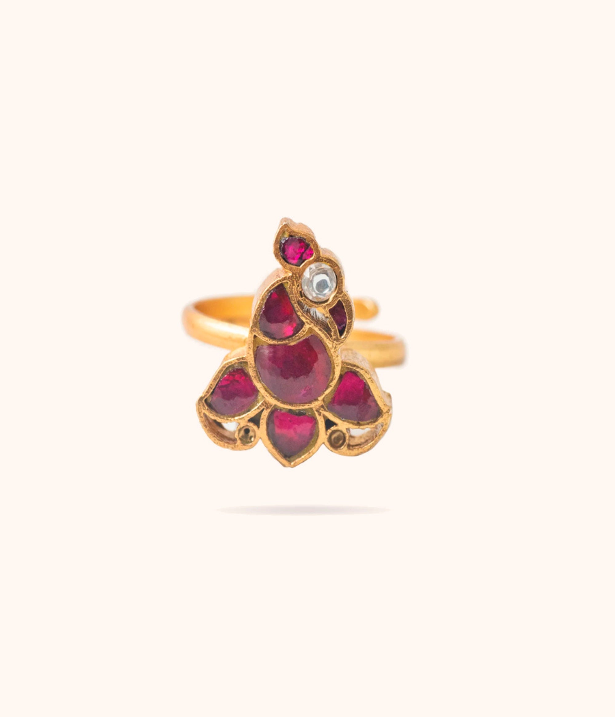 Gold plated Kundan ring in Chennai,Traditional Indian ring with heritage design,Red and white Kundan adjustable ring