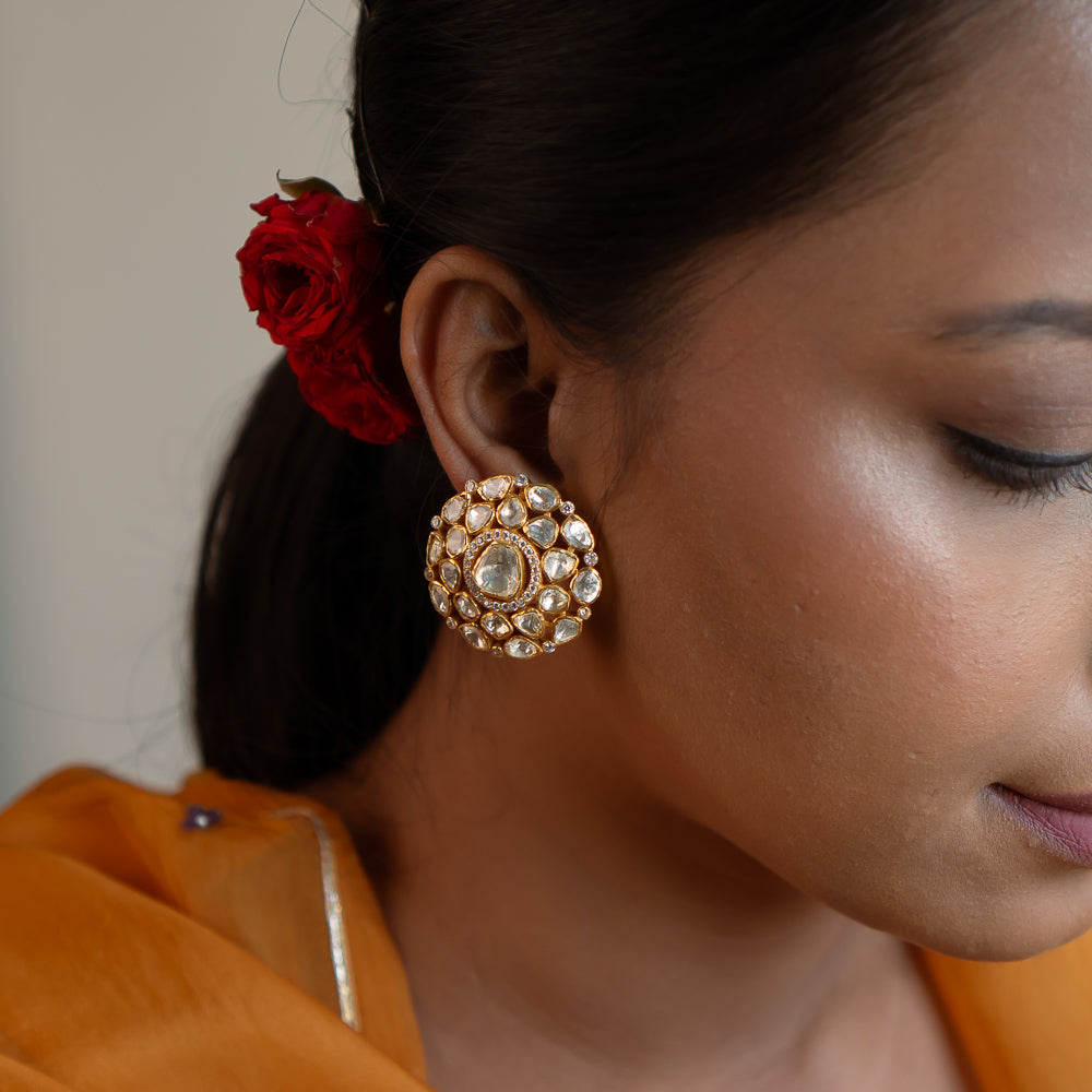 Handmade silver Polki earrings,92.5 silver studs with CZ stones