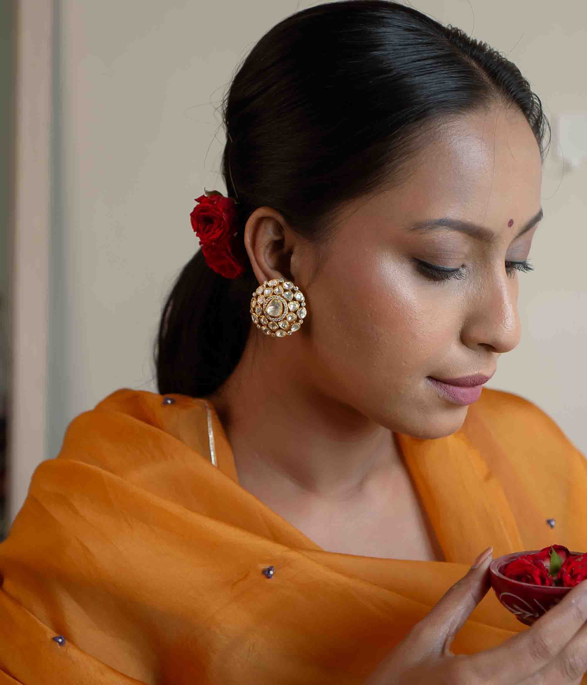Small handcrafted Polki earrings in Chennai
