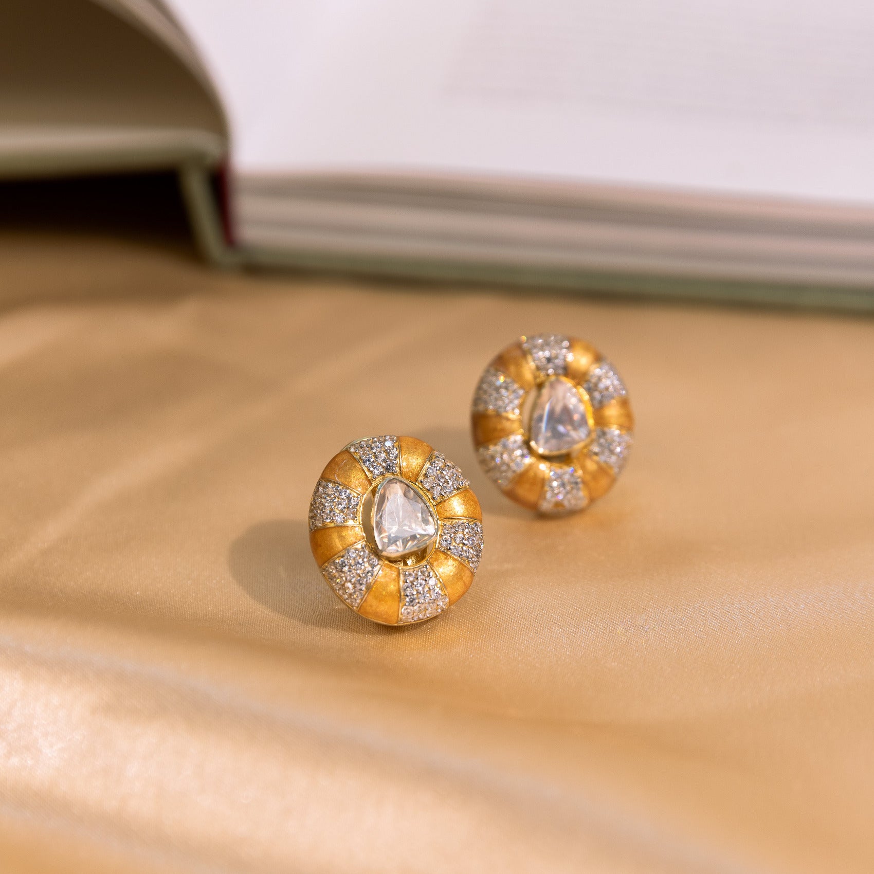 Minimalist Polki and CZ silver stud earrings by DivasMantra