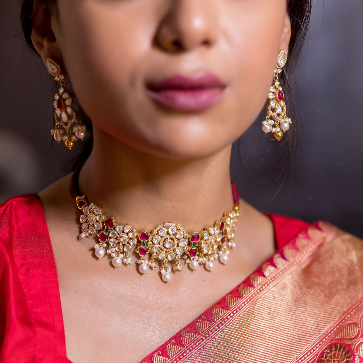 Aramaya Polki Choker in 92.5 Silver with Pearls