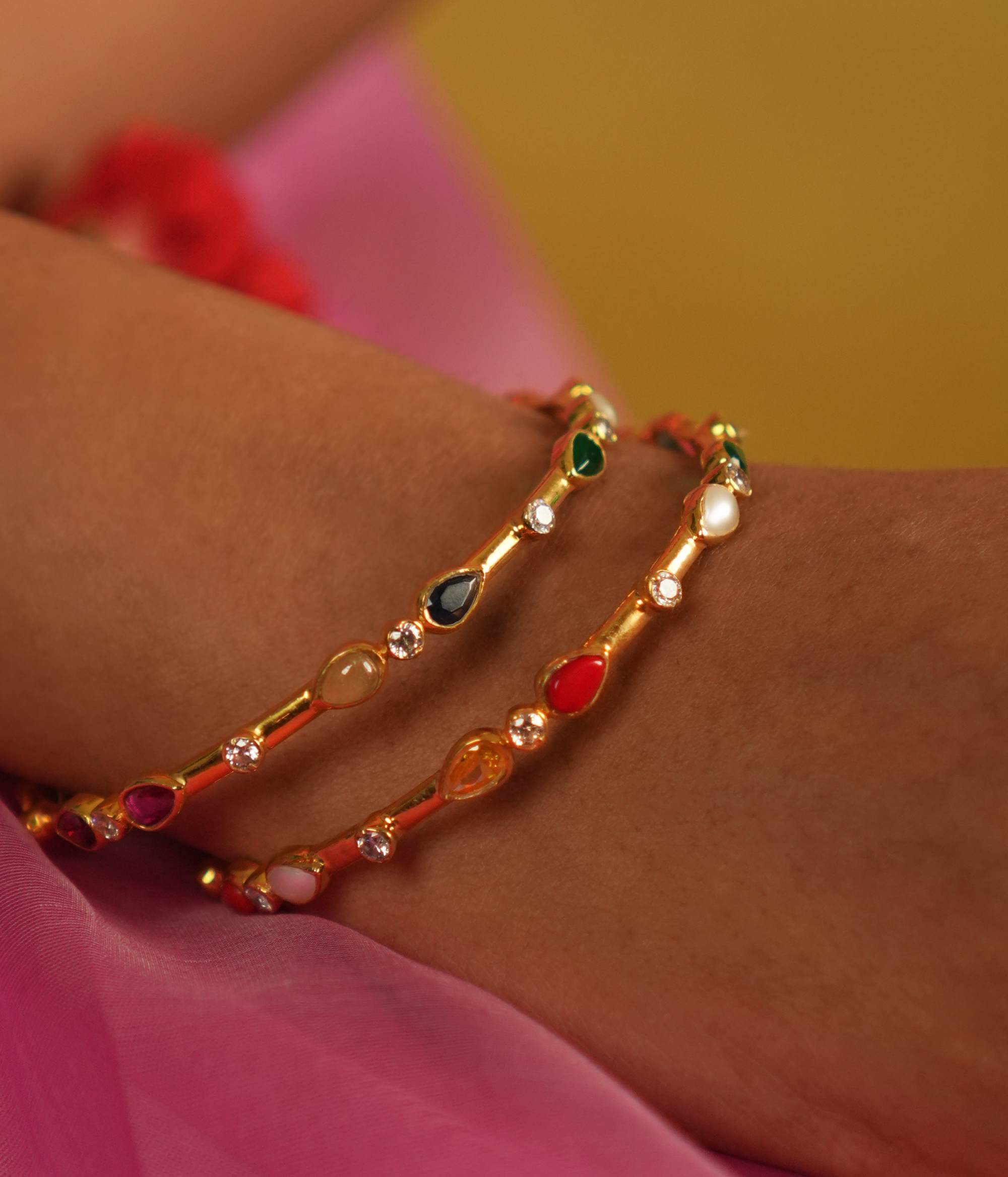 Handmade Insert Type Silver Bangle with CZ and Navratna Stones