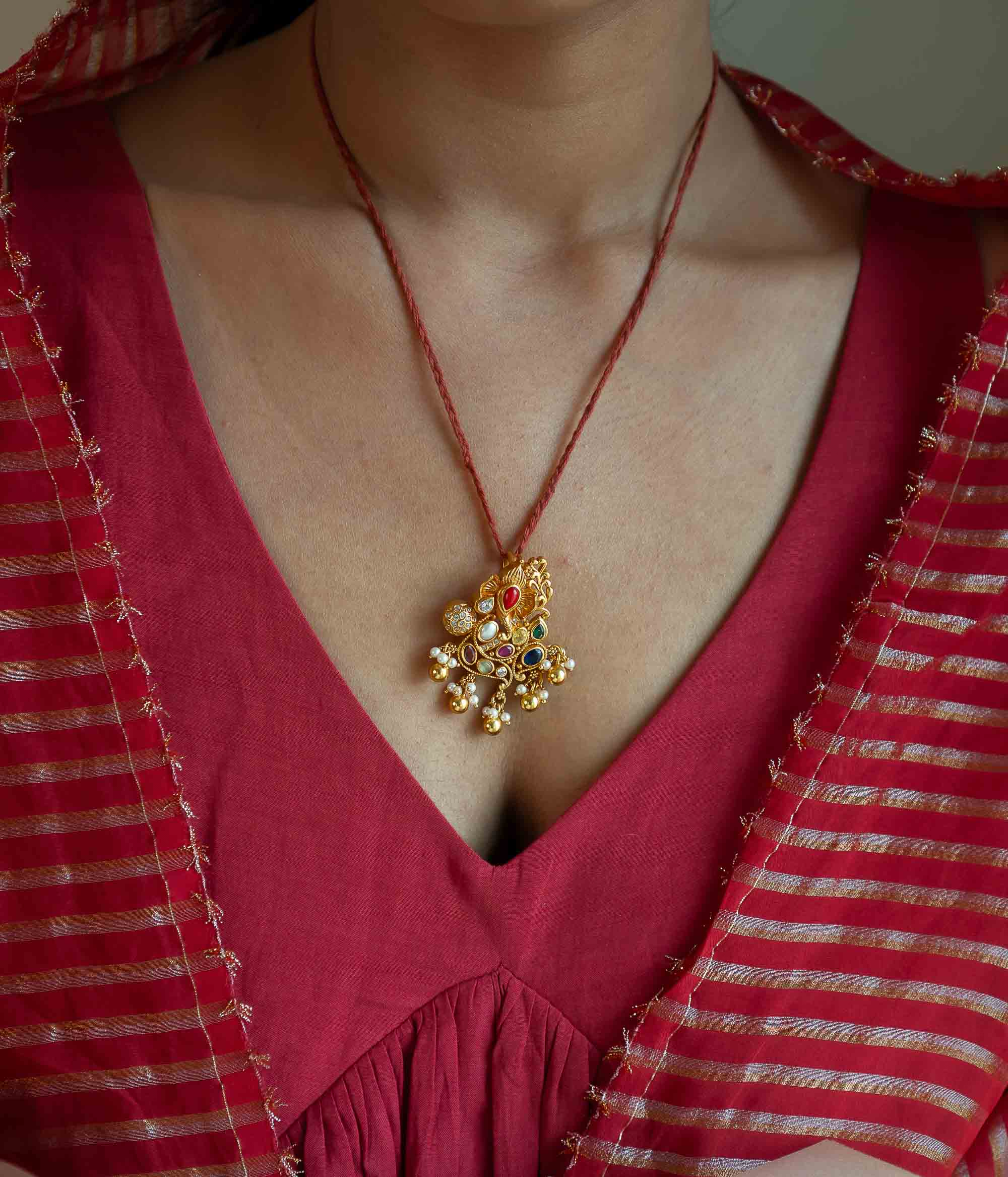 Handmade Navratna Pendant with Pearls – DivasMantra