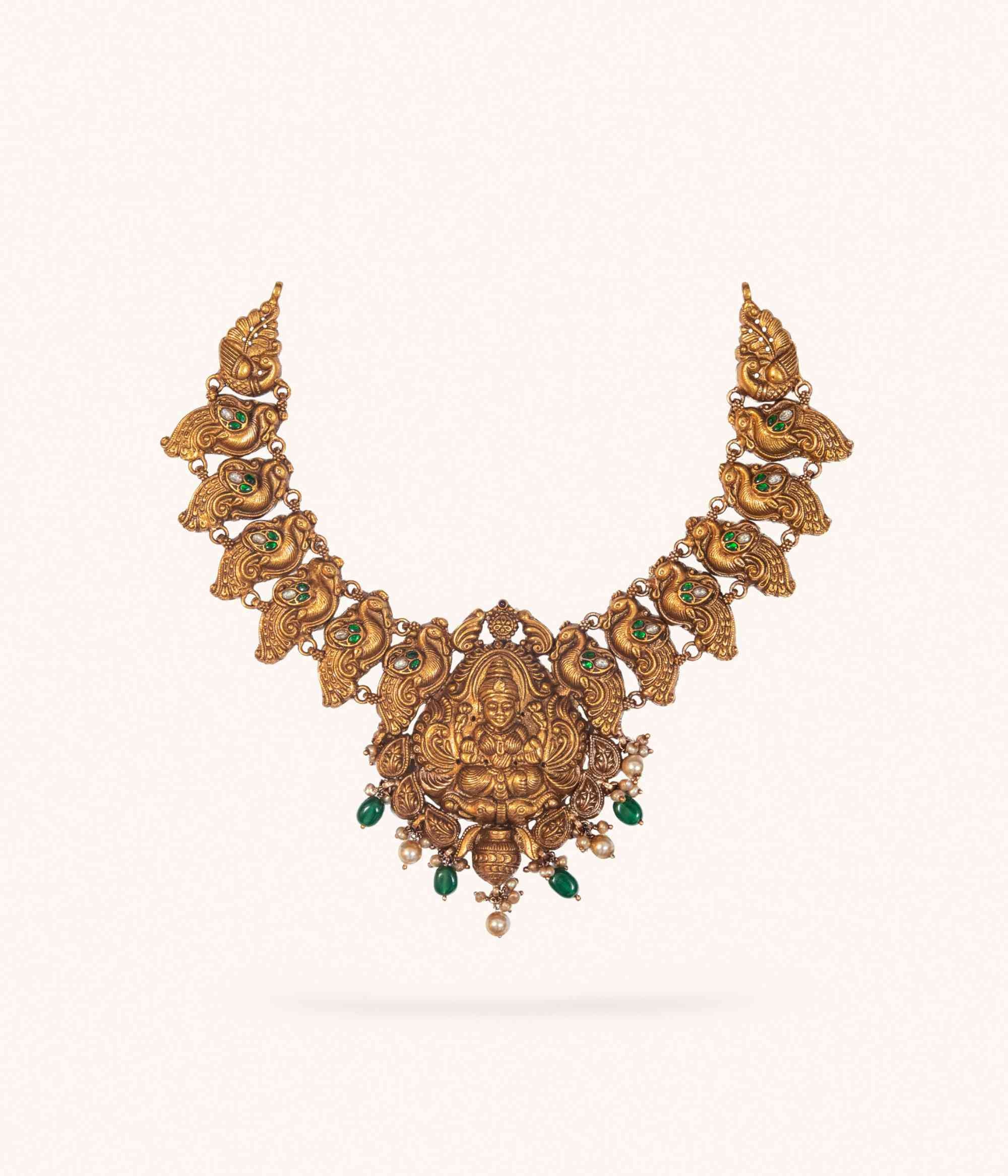 Atibha antique Lakshmi necklace in 92.5 silver with green kundan.
