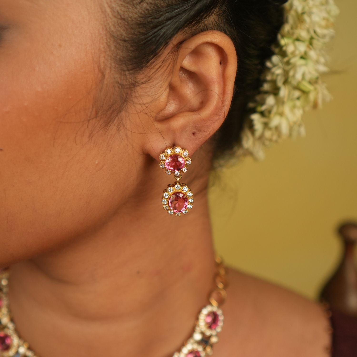 Handcrafted pink gemstone earrings in 92.5 silver