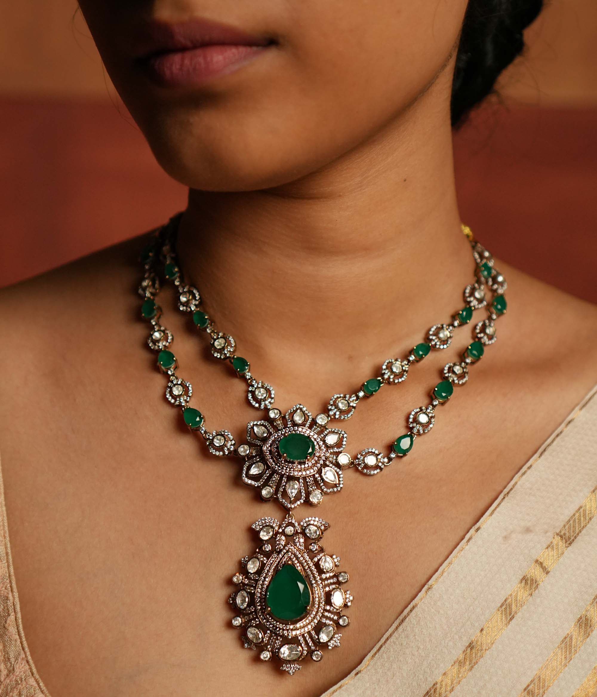 92.5 Silver Antique Gold Plated Choker with Polki Stones